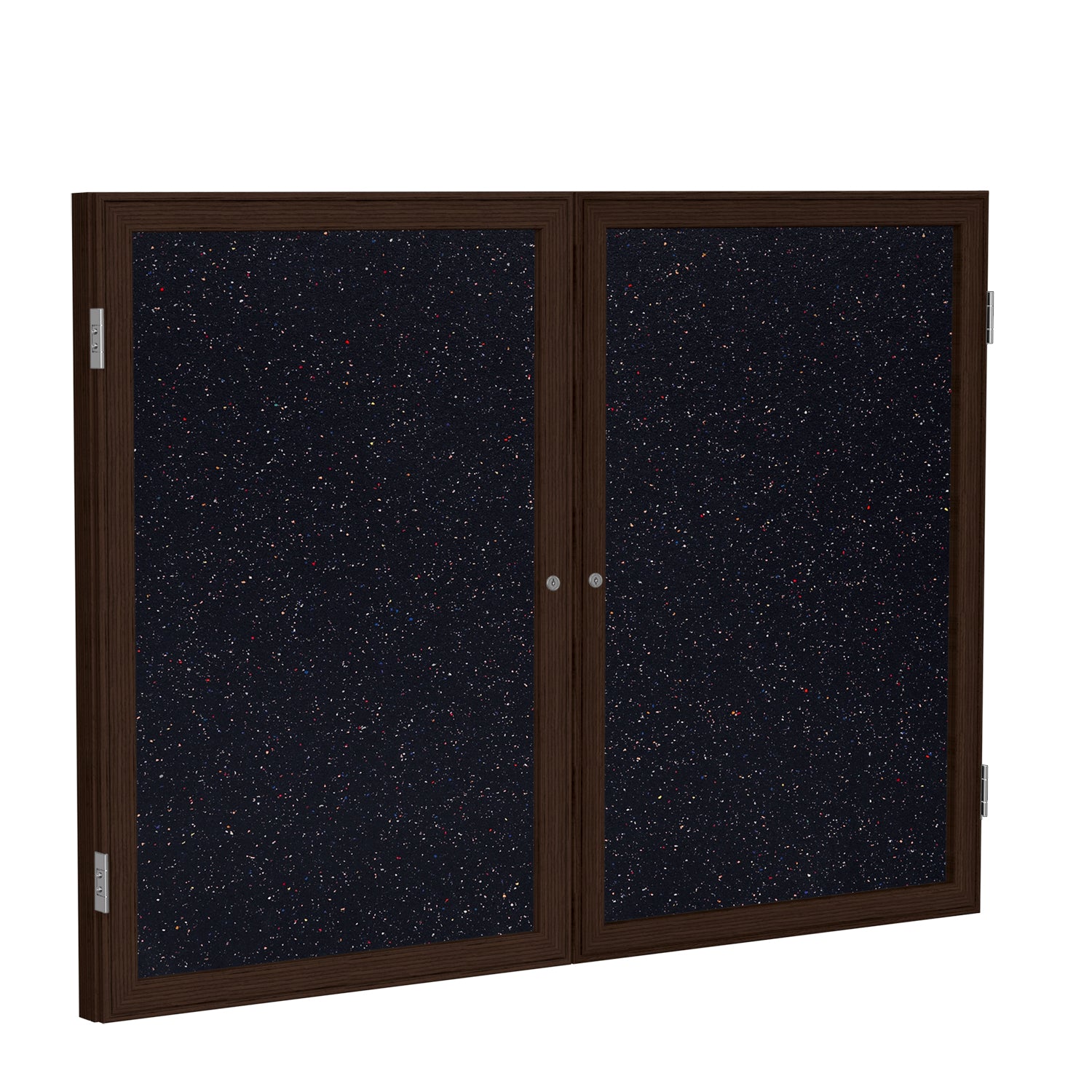 Ghent 2 Door Enclosed Recycled Rubber Bulletin Board w/ Walnut Wood Frame, 3'H x 4'W, Confetti_1