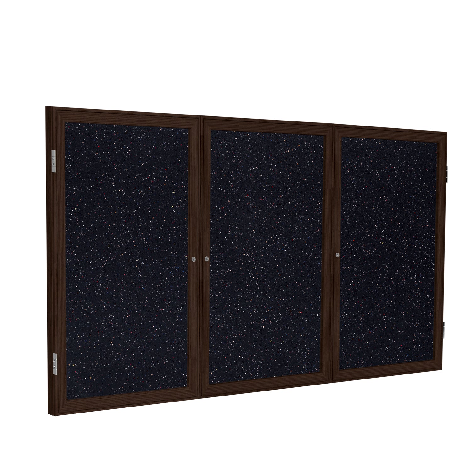 Ghent 3 Door Enclosed Recycled Rubber Bulletin Board w/ Walnut Wood Frame, 3'H x 6'W, Confetti_1