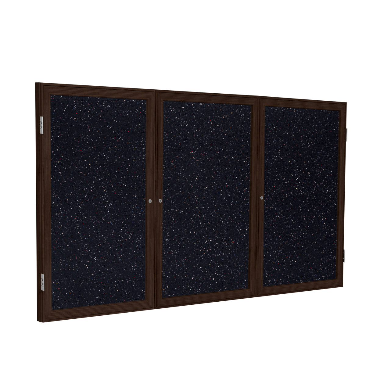 Ghent 3 Door Enclosed Recycled Rubber Bulletin Board w/ Walnut Wood Frame, 4'H x 8'W, Confetti_1