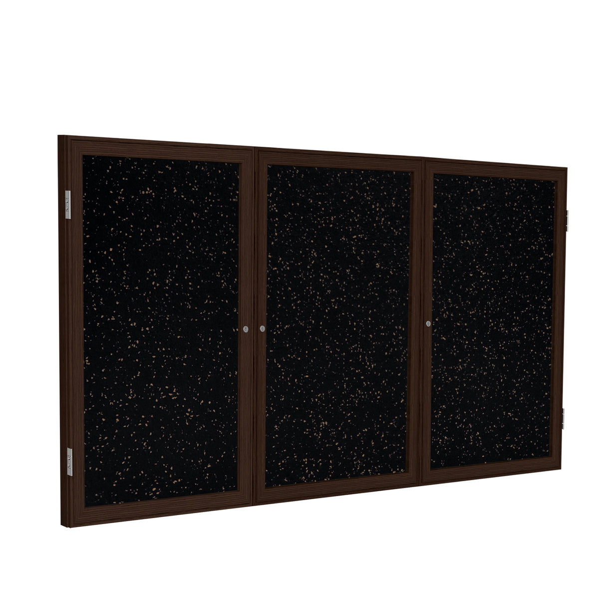 Ghent 3 Door Enclosed Recycled Rubber Bulletin Board w/ Walnut Wood Frame, 4'H x 8'W, Tan Speckled_1