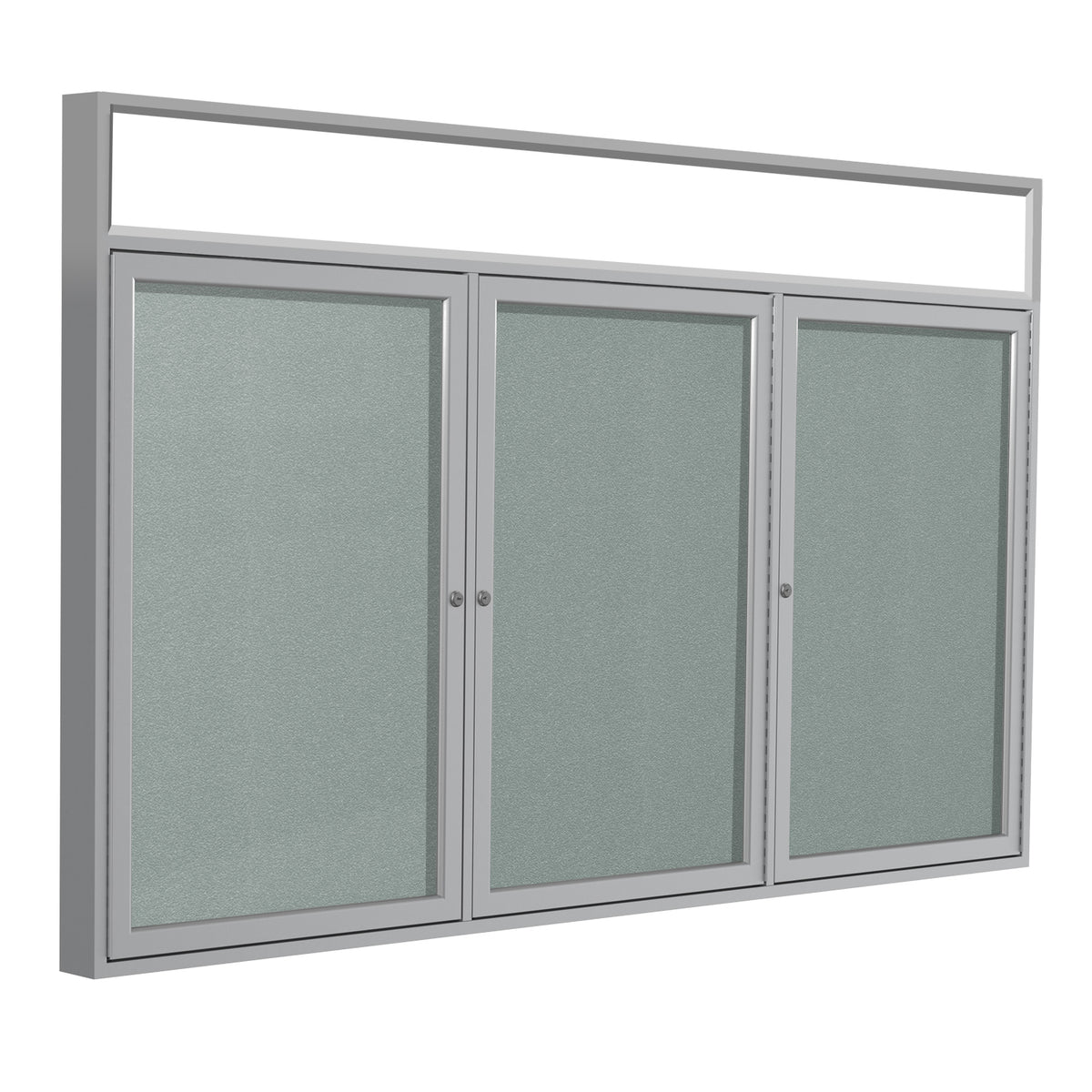 Ghent 3 Door Enclosed Vinyl Bulletin Board w/ Satin Headliner Frame, 4'H x 6'W, Silver_1