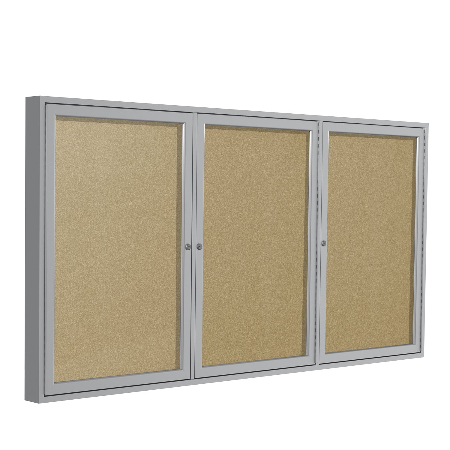 Ghent 3 Door Enclosed Vinyl Bulletin Board w/ Satin Aluminum Frame, 3'H x 6'W, Caramel_1