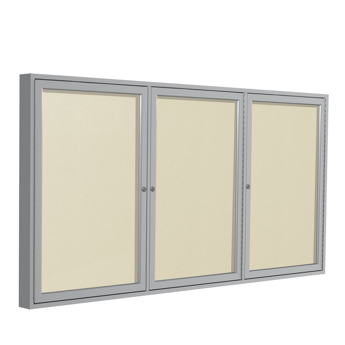 Ghent 3 Door Enclosed Vinyl Bulletin Board w/ Satin Aluminum Frame, 4'H x 8'W, Ivory_1