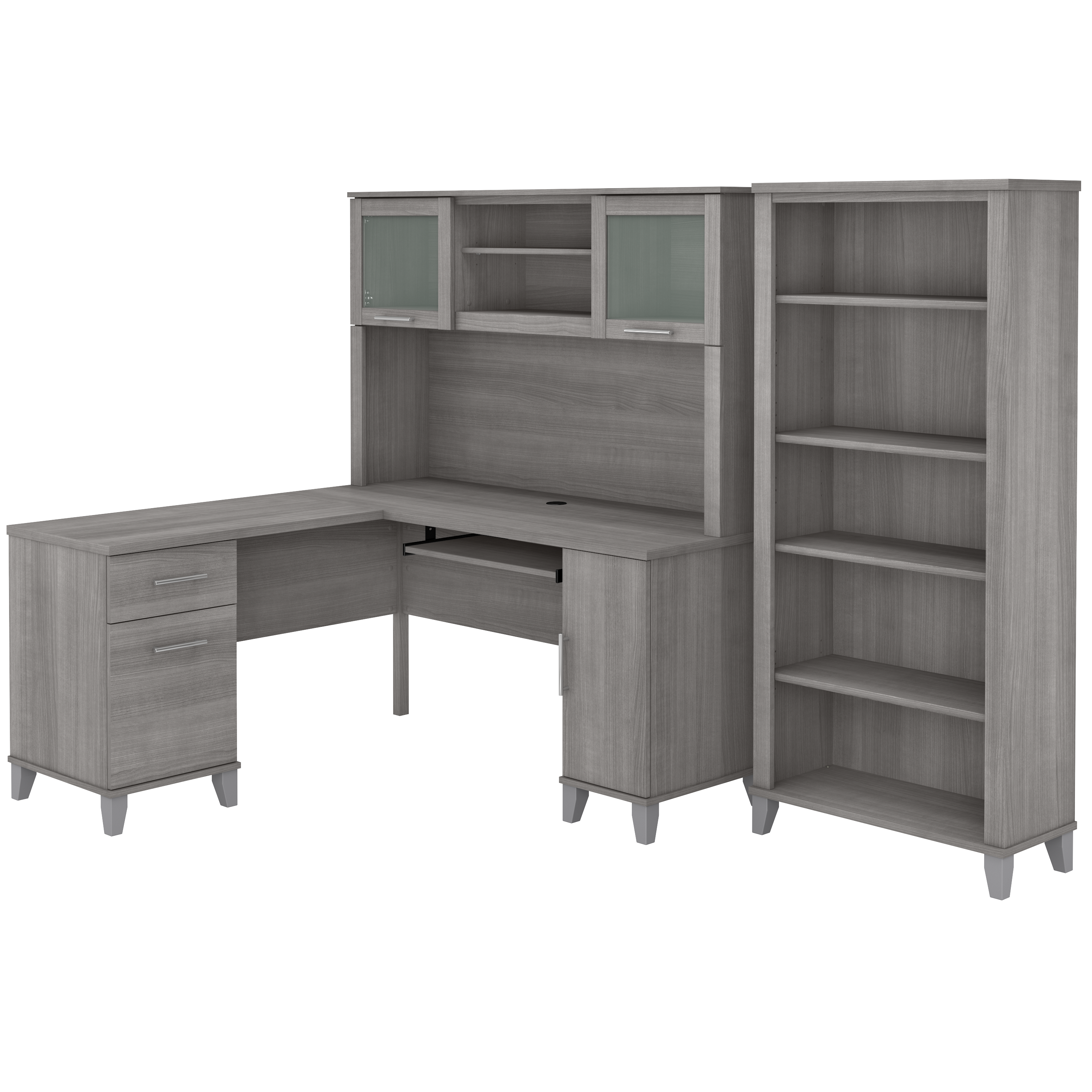 Bush Furniture Somerset 60W L Shaped Desk with Hutch and 5 Shelf Bookcase | Platinum Gray_0