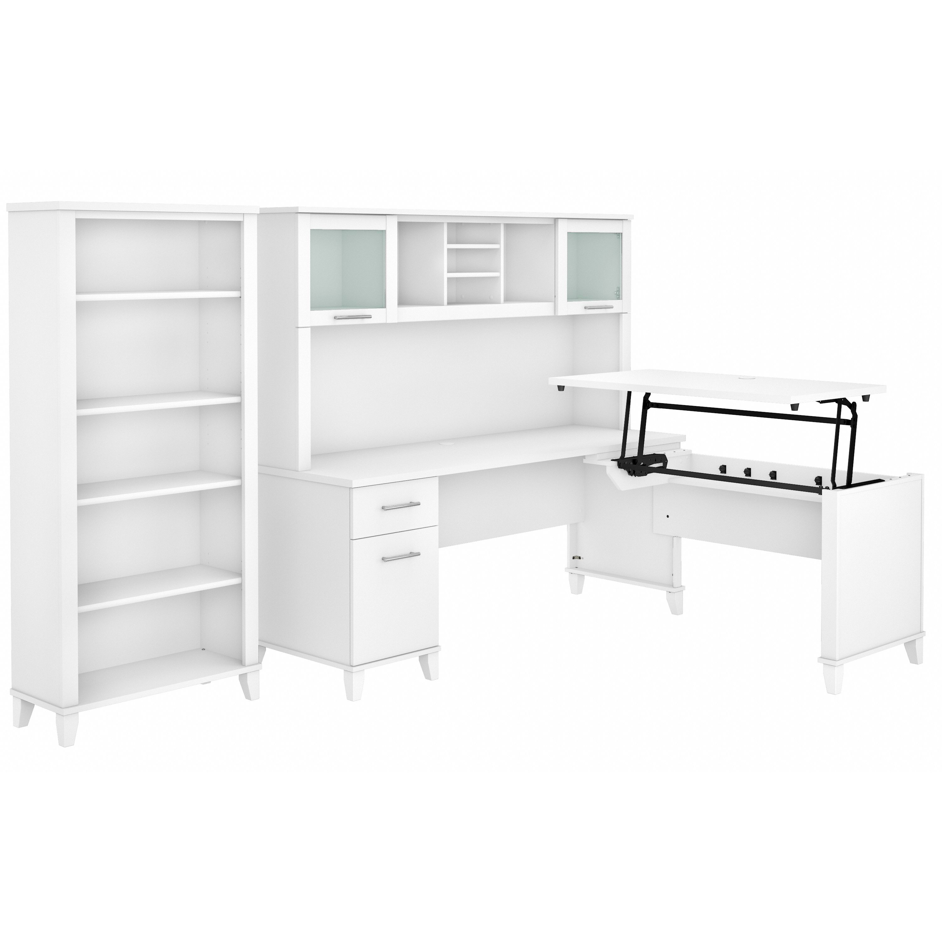 Bush Furniture Somerset 72W 3 Position Sit to Stand L Shaped Desk with Hutch and Bookcase | White_0