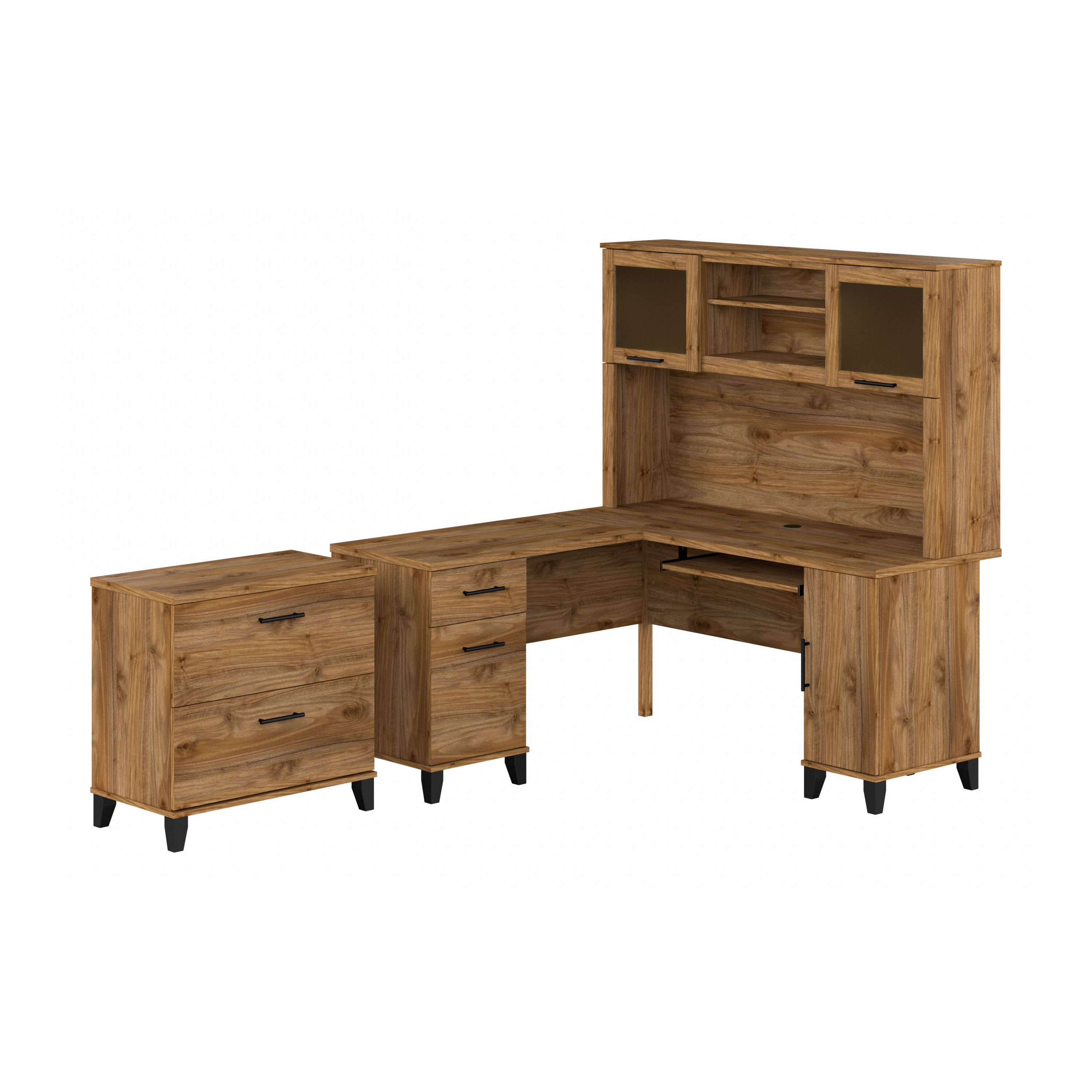 Bush Furniture Somerset 60W L Shaped Desk with Hutch and Lateral File Cabinet | Fresh Walnut_0