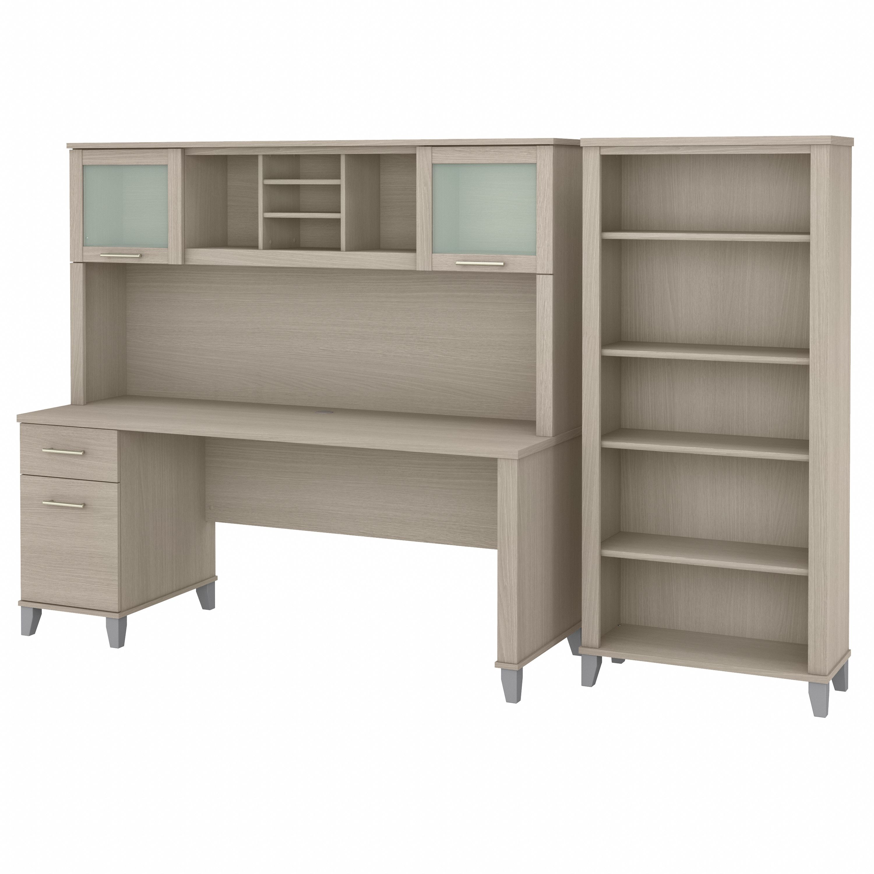 Bush Furniture Somerset 72W Office Desk with Hutch and 5 Shelf Bookcase | Sand Oak_0