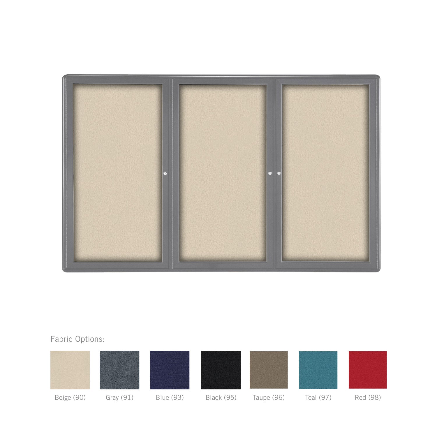 Ghent Ovation 2 Door Enclosed Fabric Bulletin Board w/ Gray Frame, 3'H x 5'W, Teal_0