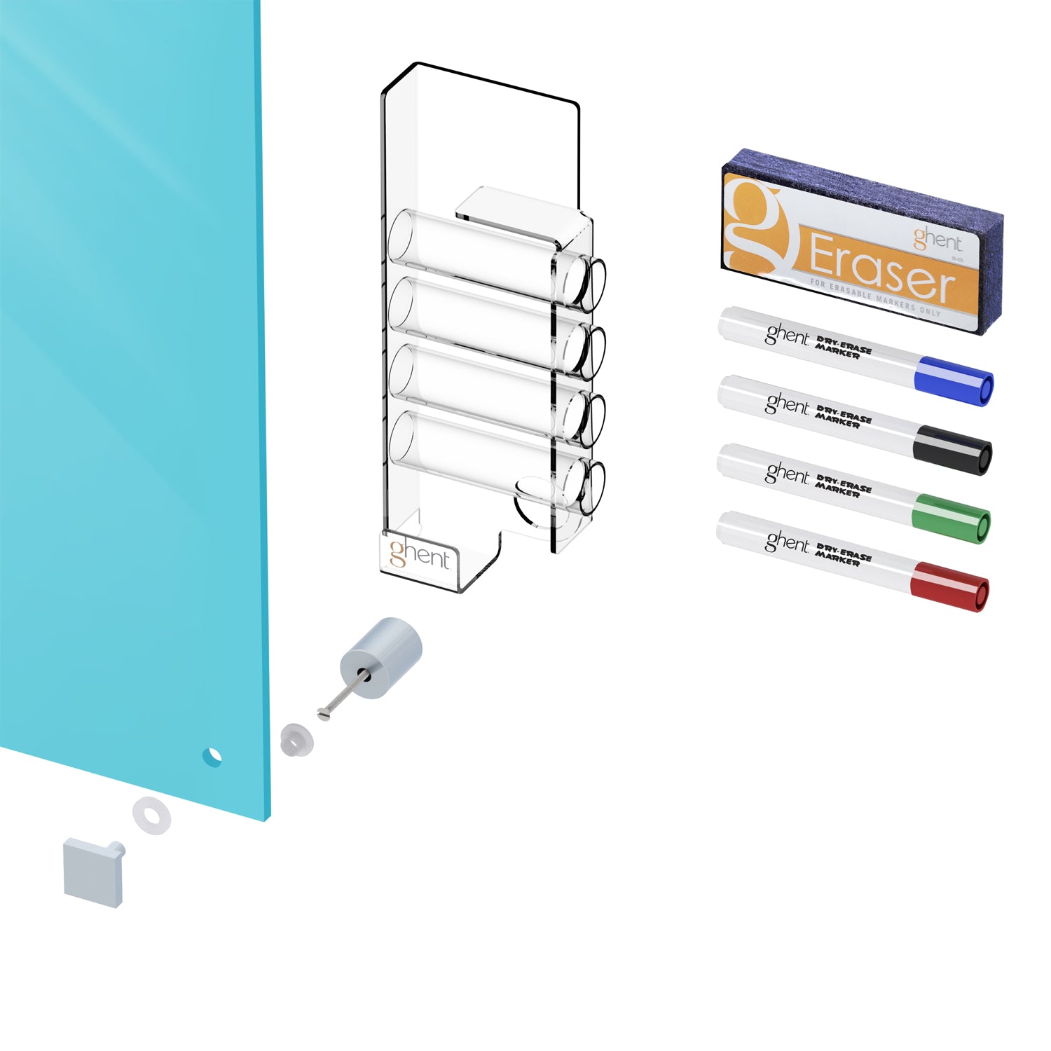 Ghent Harmony Glass Whiteboard w/ Standoffs, Non-magnetic, Square Corners, 3'H x 4'W, Blue_2