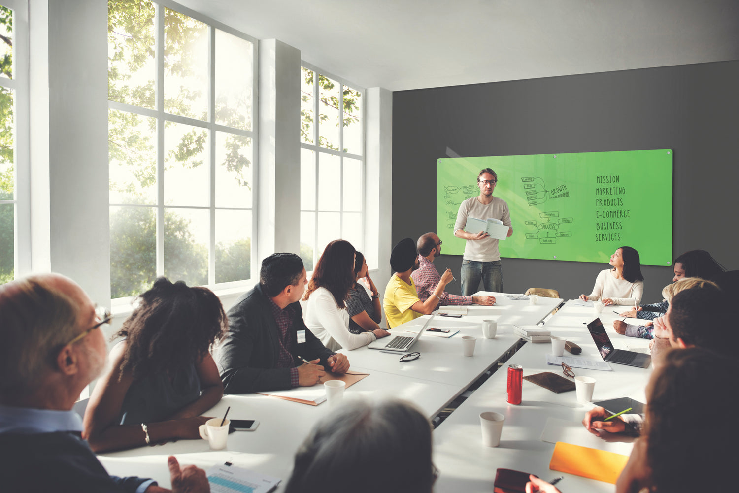 Ghent Harmony Glass Whiteboard w/ Standoffs, Non-magnetic, Radius Corners, 3'H x 4'W, Green_4