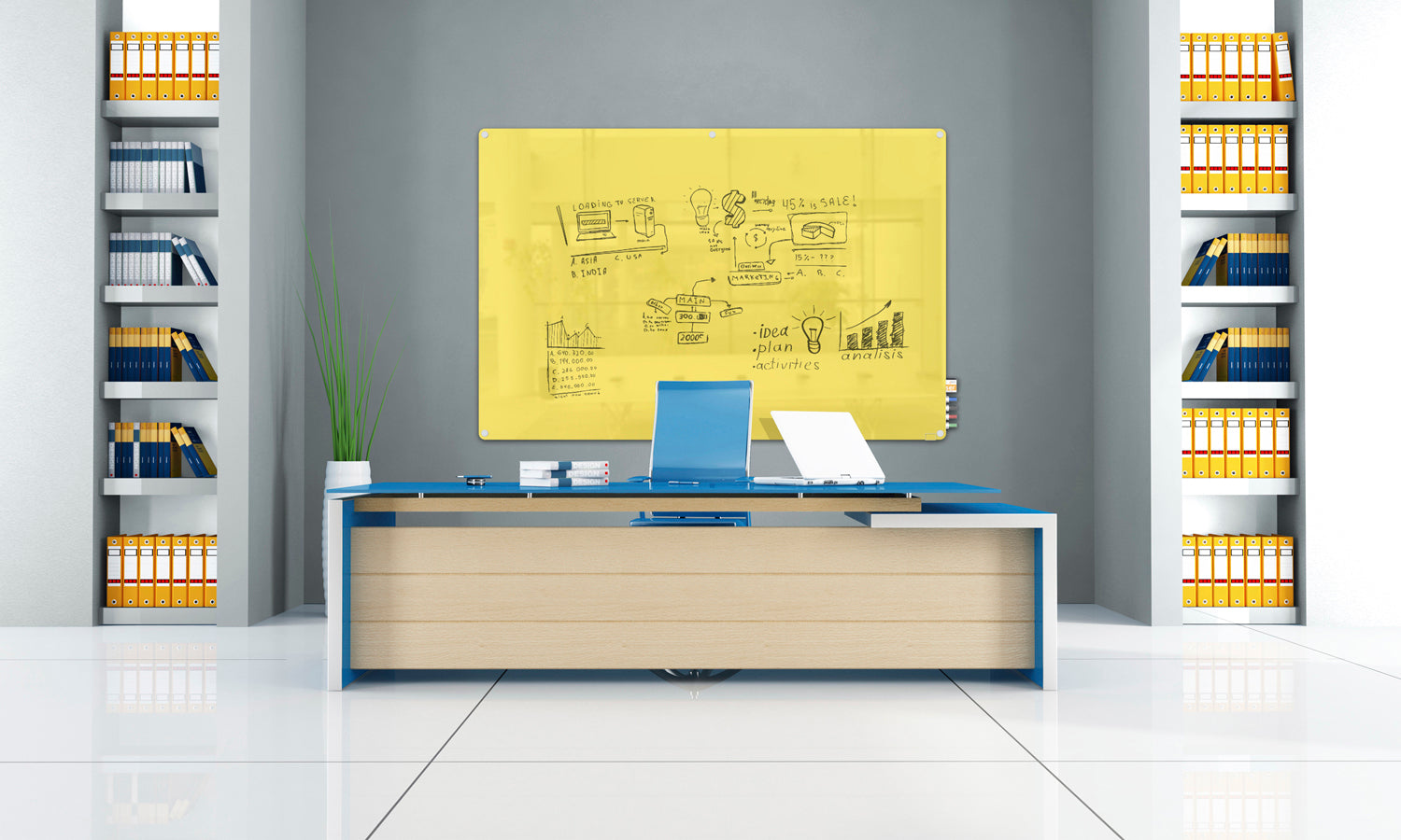 Ghent Harmony Glass Whiteboard w/ Standoffs, Non-magnetic, Radius Corners, 3'H x 4'W, Yellow_4