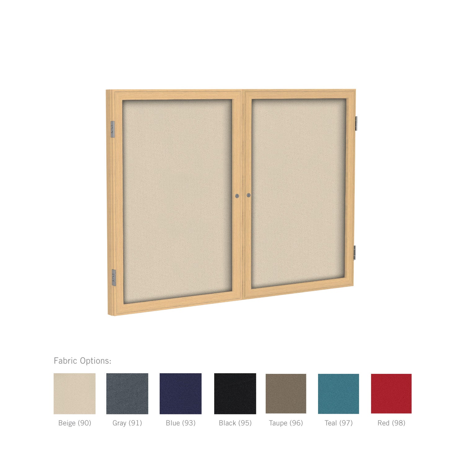 Ghent 2 Door Enclosed Fabric Bulletin Boards w/ Oak Frame, 36"H x 48"W, Teal_0