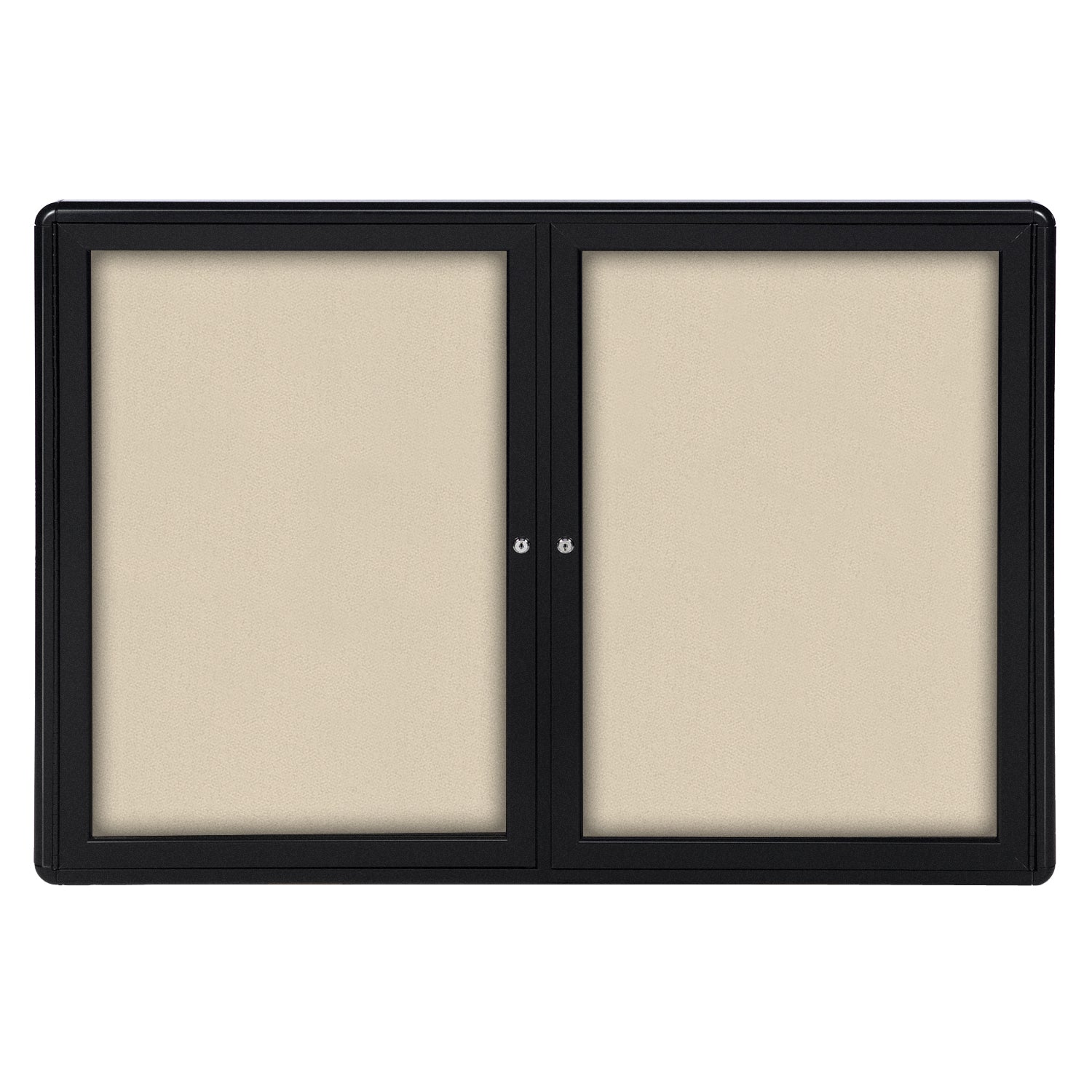 Ghent Ovation 2 Door Enclosed Fabric Bulletin Board w/ Black Frame, 3'H x 5'W, Beige_1