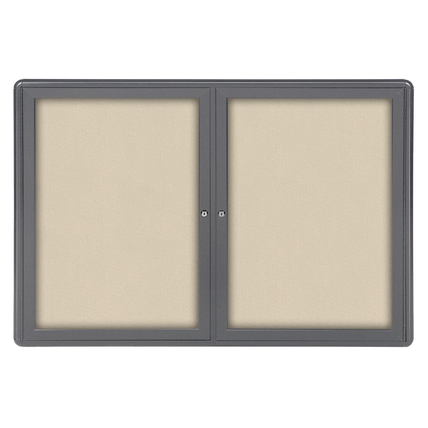 Ghent Ovation 2 Door Enclosed Fabric Bulletin Board w/ Gray Frame, 3'H x 4'W, Beige_1