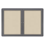 Ghent Ovation 2 Door Enclosed Fabric Bulletin Board w/ Gray Frame, 3'H x 4'W, Beige_1