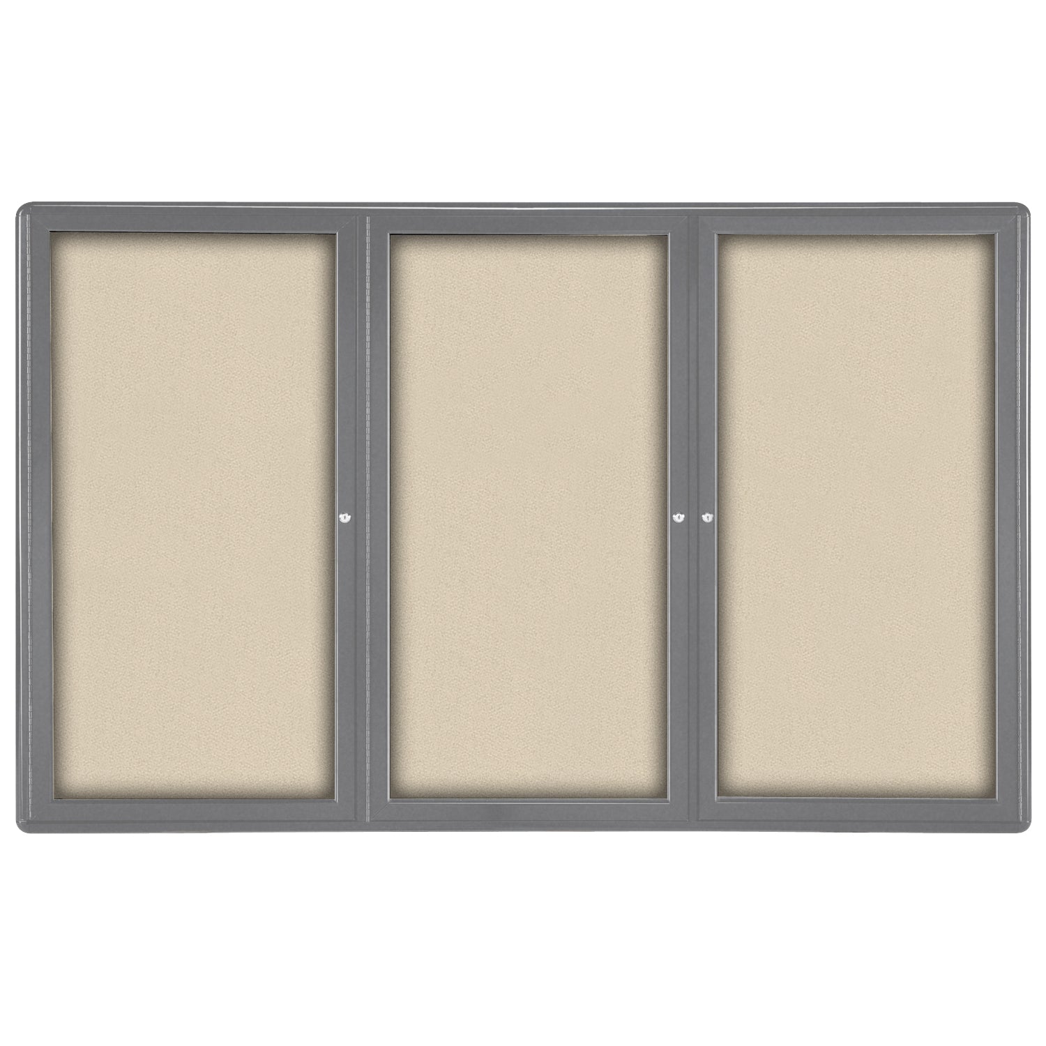 Ghent Ovation 3 Door Enclosed Fabric Bulletin Board w/ Gray Frame, 4'H x 6'W, Beige_1