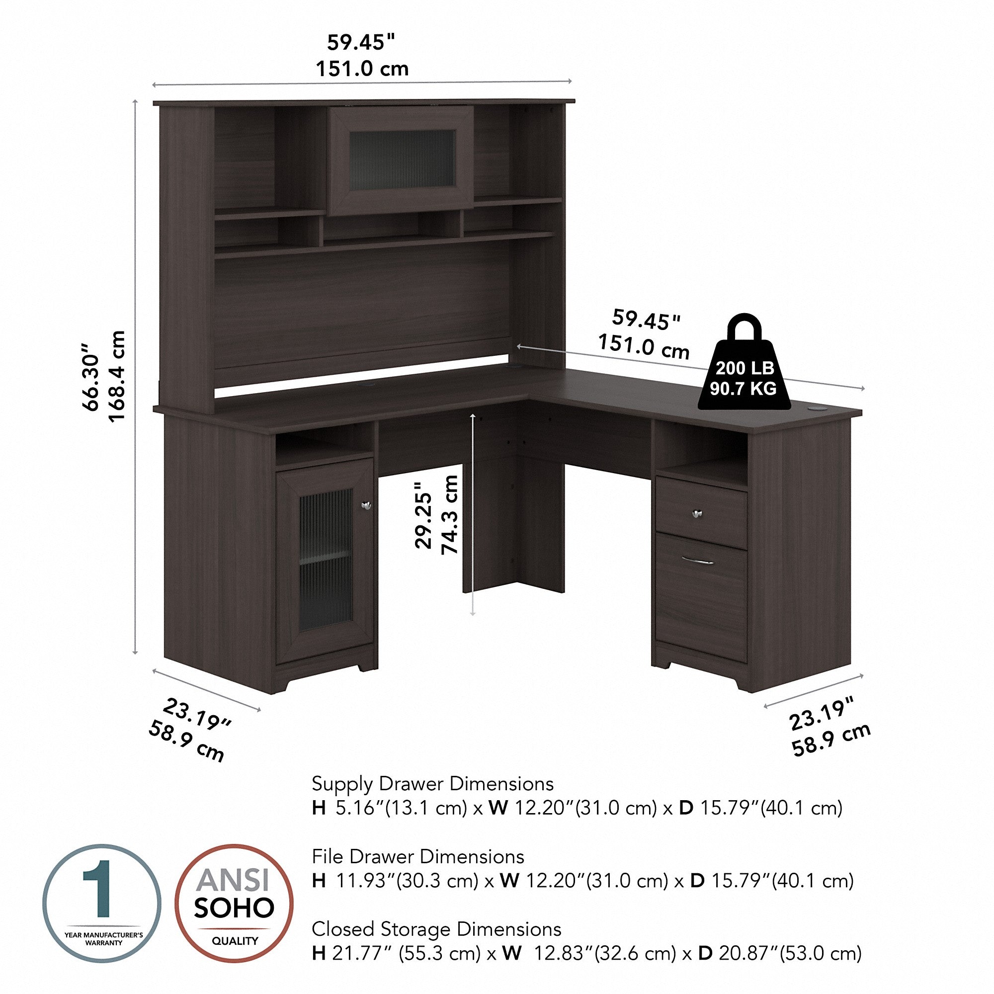 Bush Furniture Cabot 60W L Shaped Computer Desk with Hutch and Storage