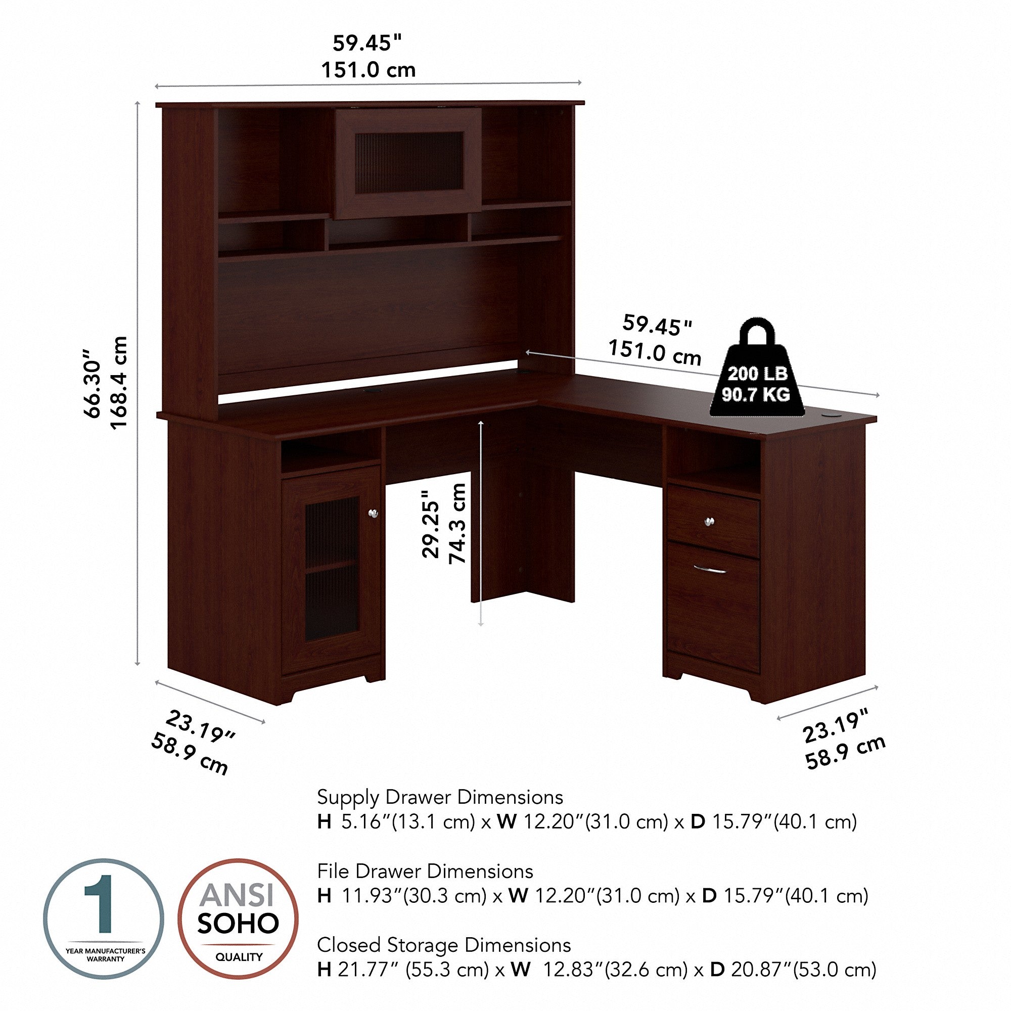 Bush Furniture Cabot 60W L Shaped Computer Desk with Hutch and Storage