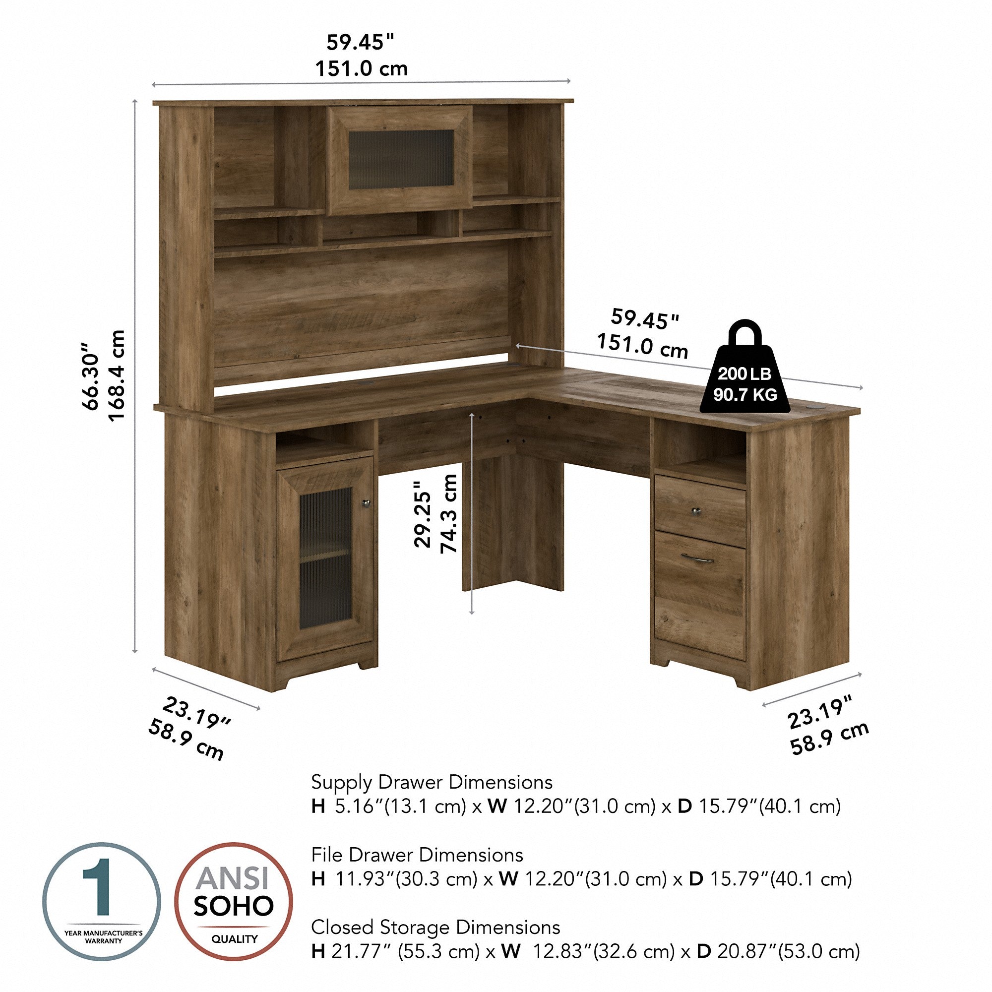 Bush Furniture Cabot 60W L Shaped Computer Desk with Hutch and Storage