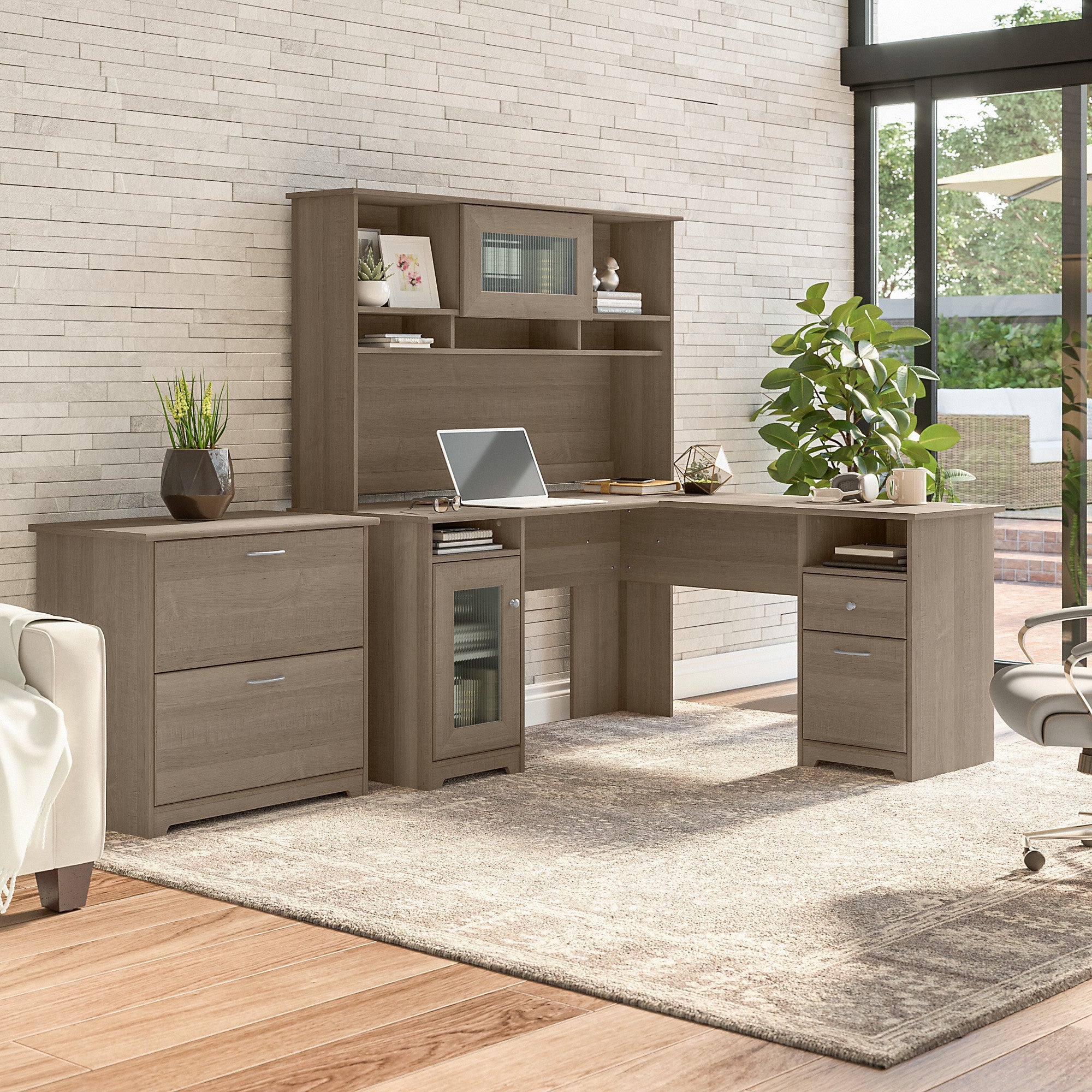 Bush Furniture Cabot 60W L Shaped Computer Desk with Hutch and Lateral File Cabinet