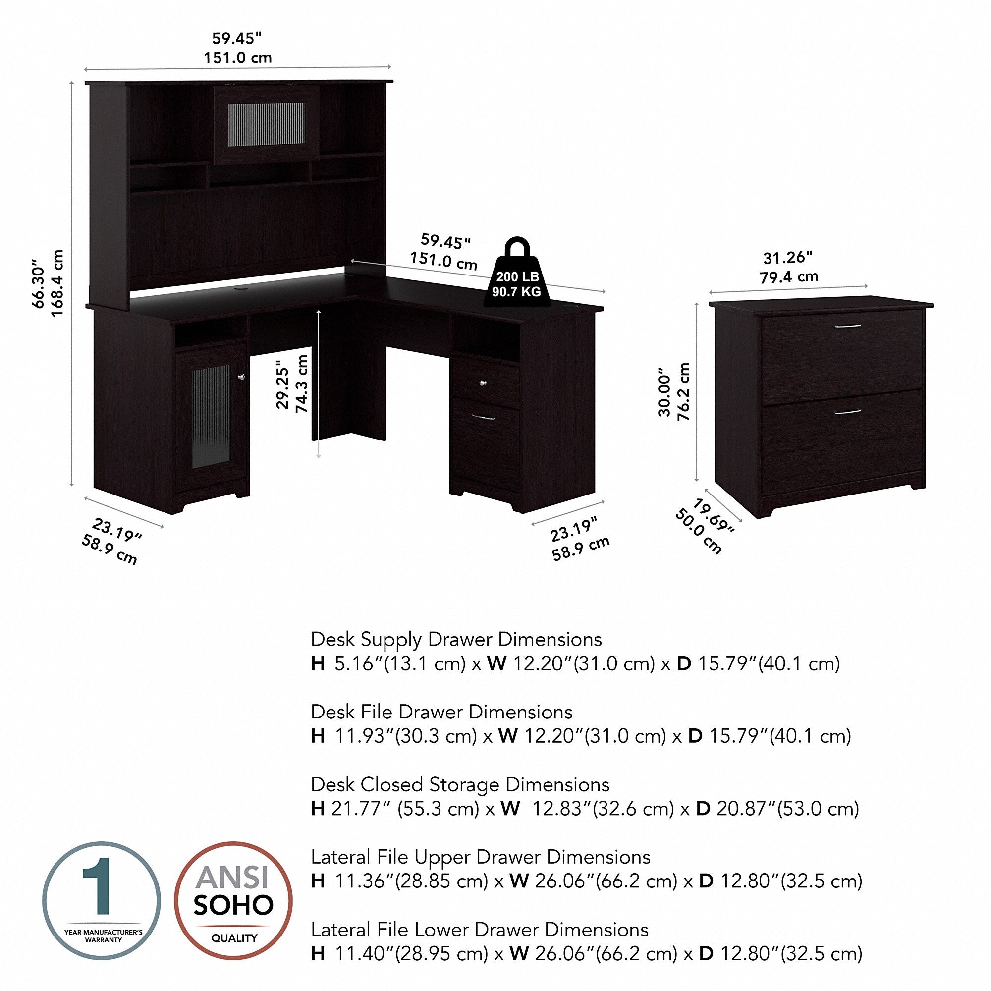 Bush Furniture Cabot 60W L Shaped Computer Desk with Hutch and Lateral File Cabinet