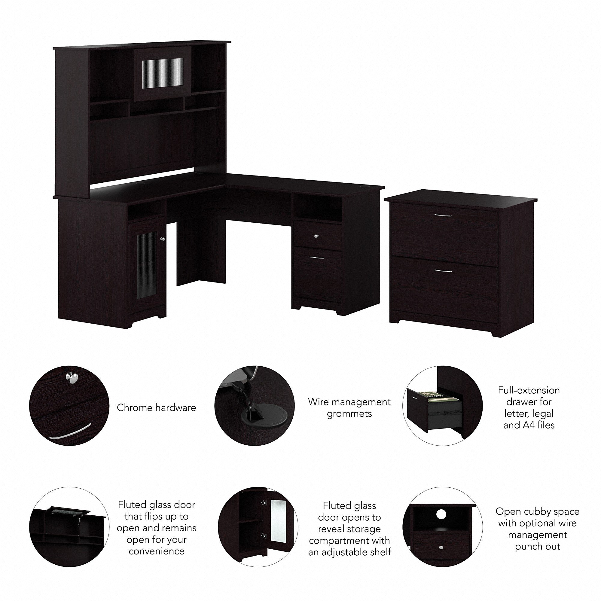 Bush Furniture Cabot 60W L Shaped Computer Desk with Hutch and Lateral File Cabinet