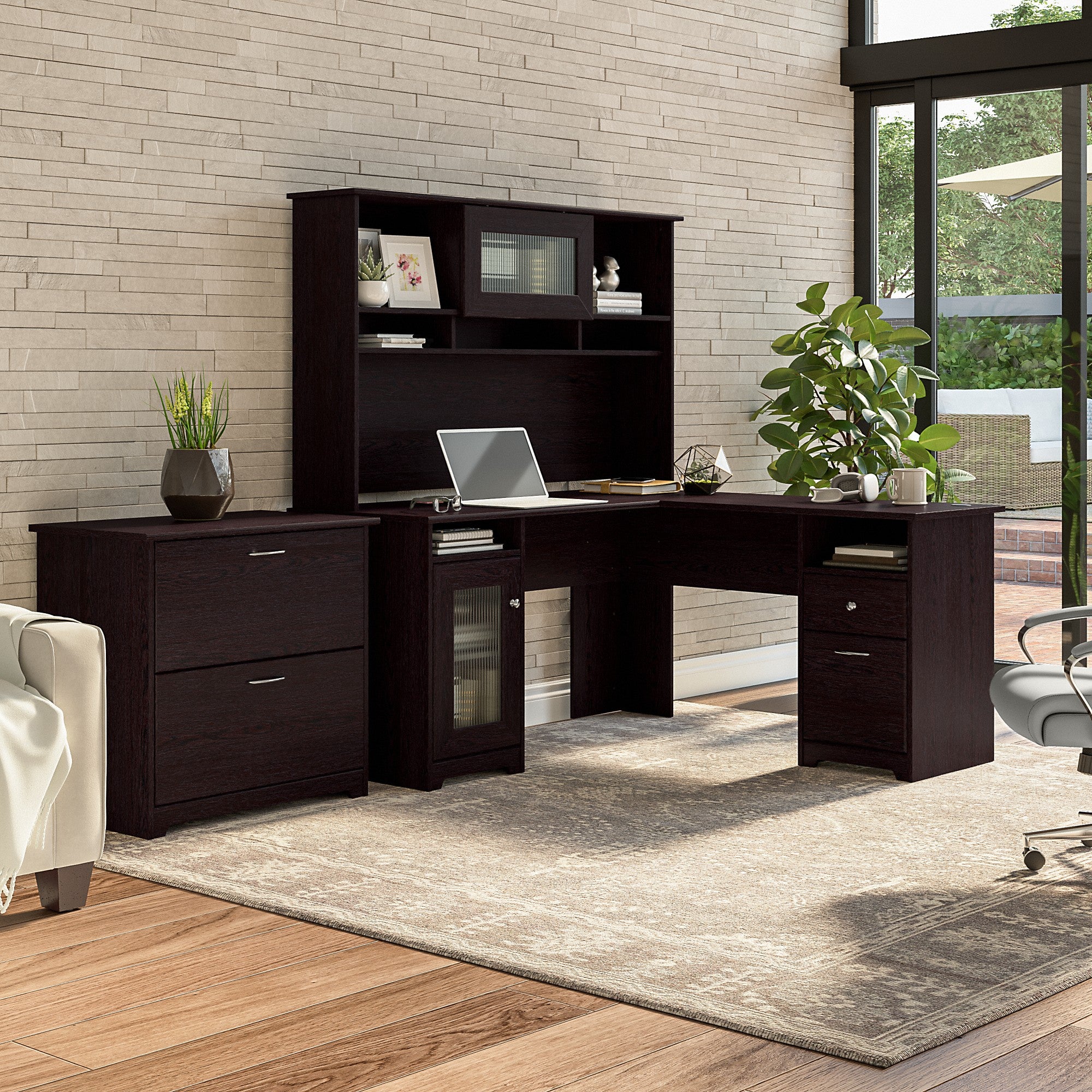 Bush Furniture Cabot 60W L Shaped Computer Desk with Hutch and Lateral File Cabinet