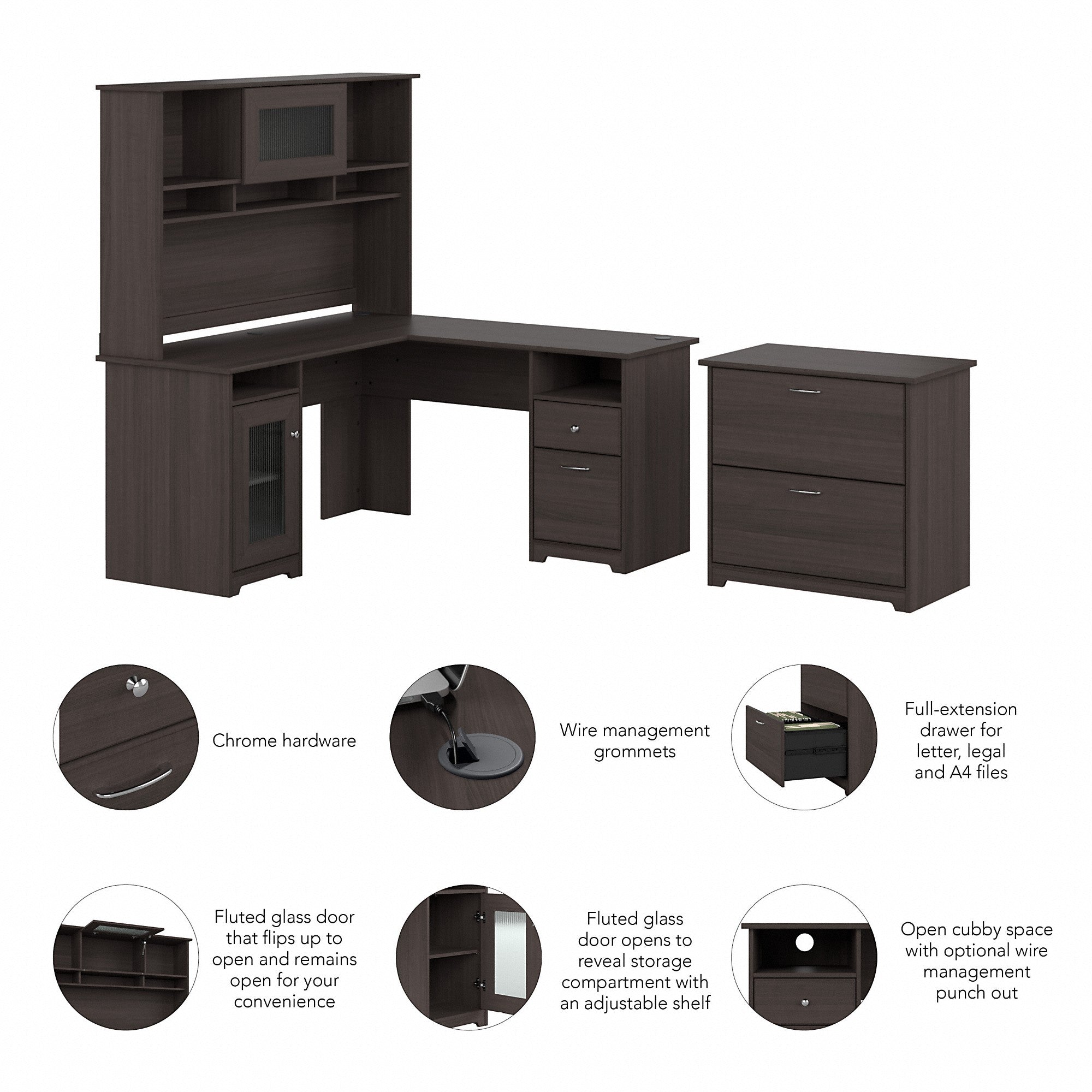 Bush Furniture Cabot 60W L Shaped Computer Desk with Hutch and Lateral File Cabinet