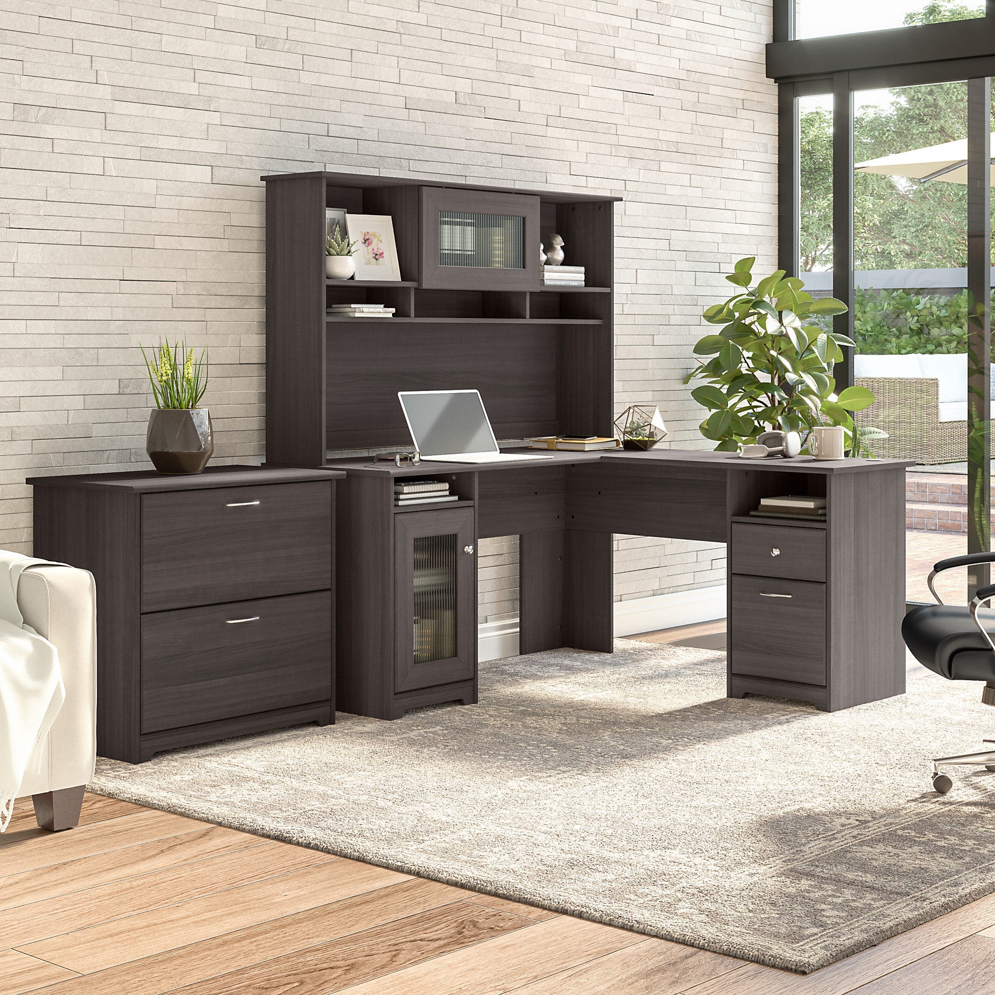 Bush Furniture Cabot 60W L Shaped Computer Desk with Hutch and Lateral File Cabinet