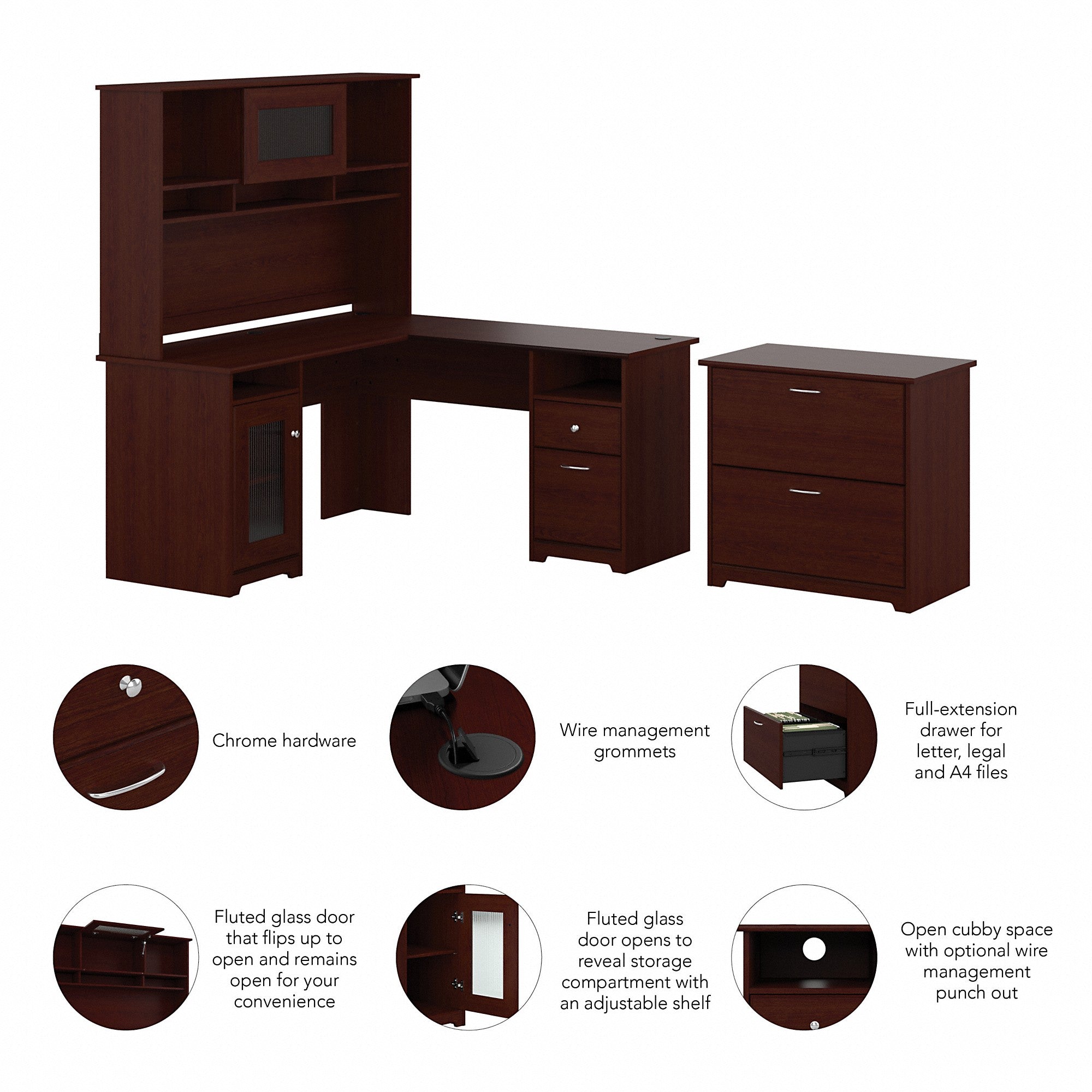 Bush Furniture Cabot 60W L Shaped Computer Desk with Hutch and Lateral File Cabinet