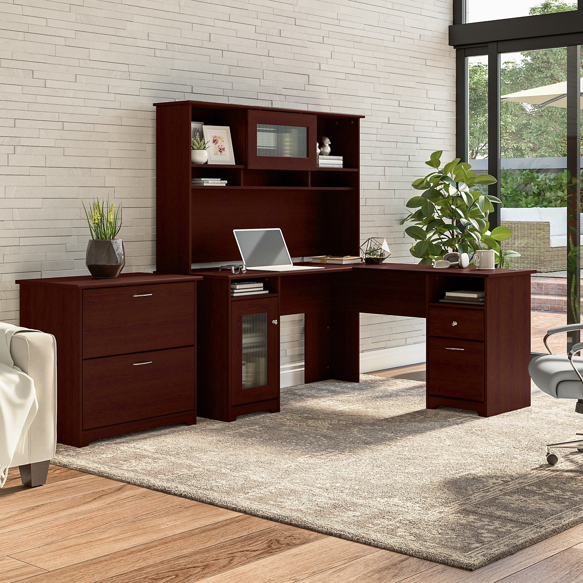 Bush Furniture Cabot 60W L Shaped Computer Desk with Hutch and Lateral File Cabinet