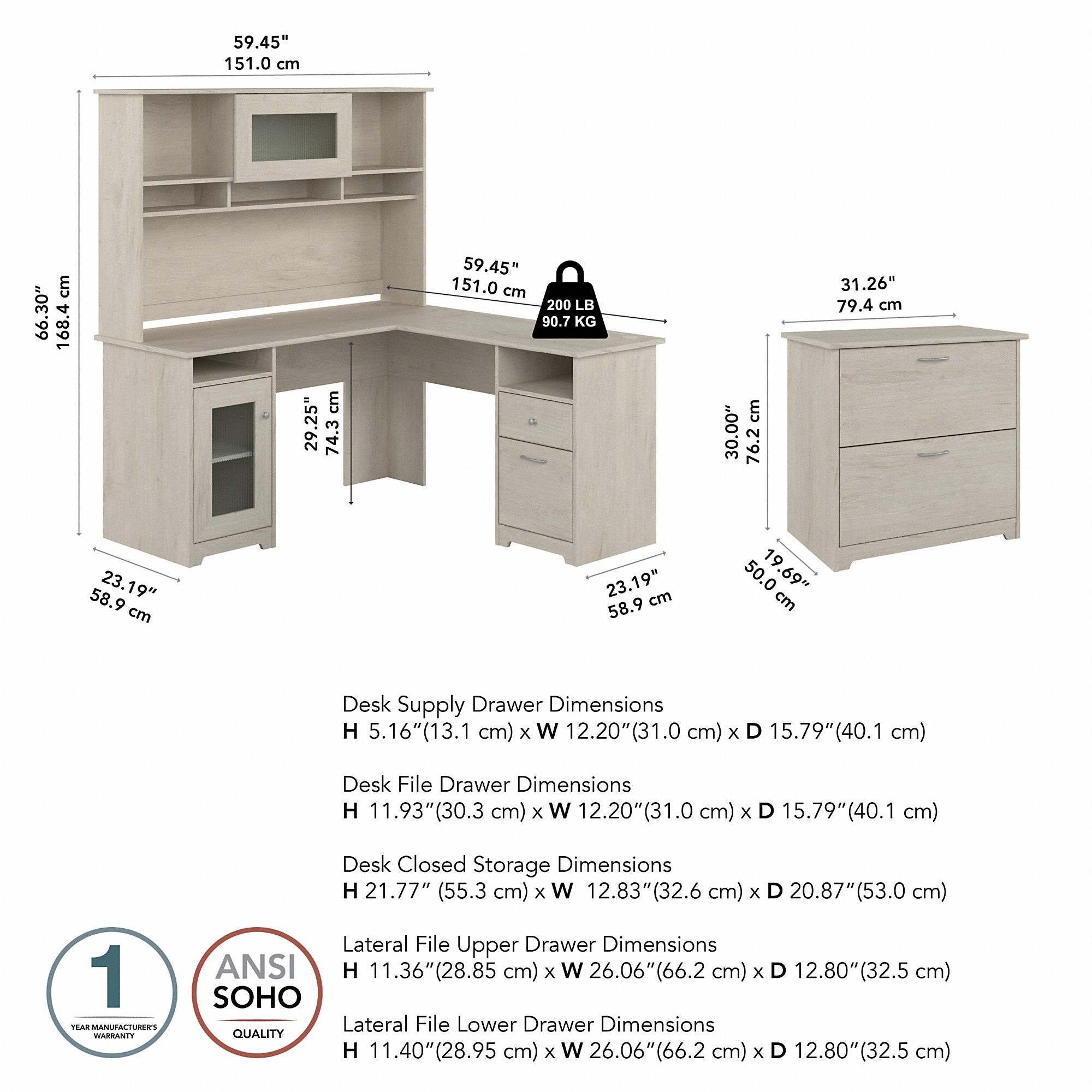 Bush Furniture Cabot 60W L Shaped Computer Desk with Hutch and Lateral File Cabinet