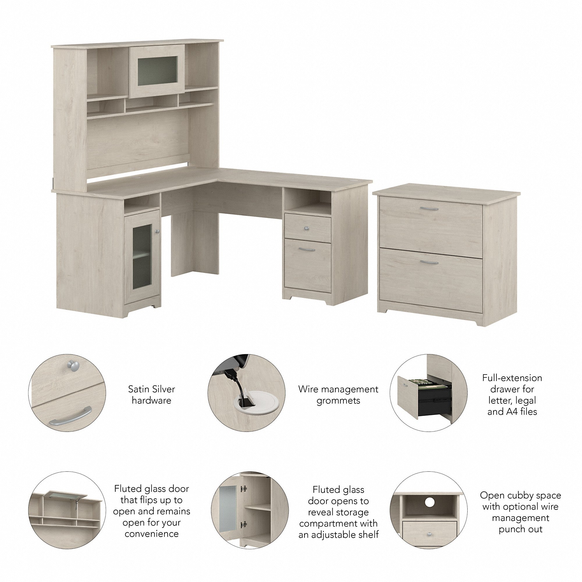 Bush Furniture Cabot 60W L Shaped Computer Desk with Hutch and Lateral File Cabinet