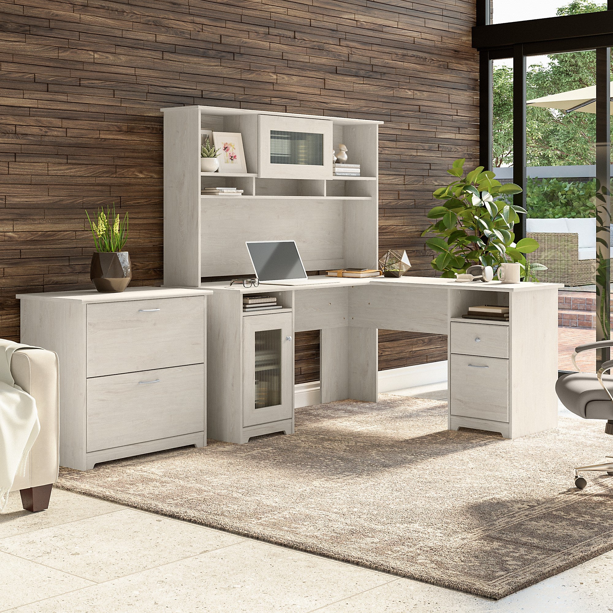 Bush Furniture Cabot 60W L Shaped Computer Desk with Hutch and Lateral File Cabinet