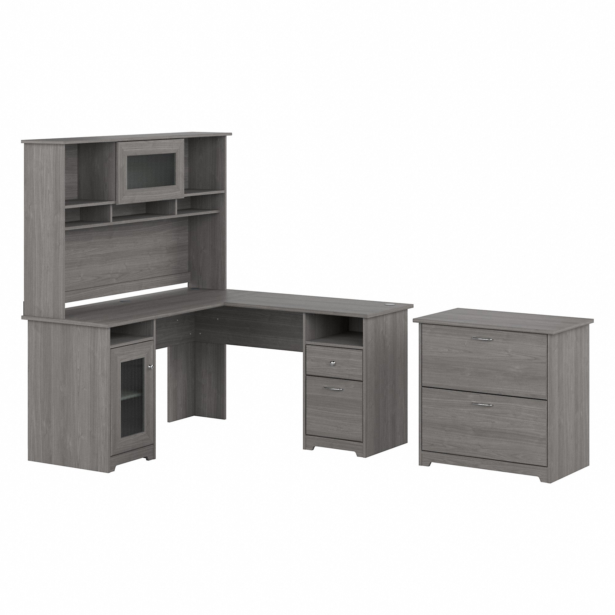 Bush Furniture Cabot 60W L Shaped Computer Desk with Hutch and Lateral File Cabinet