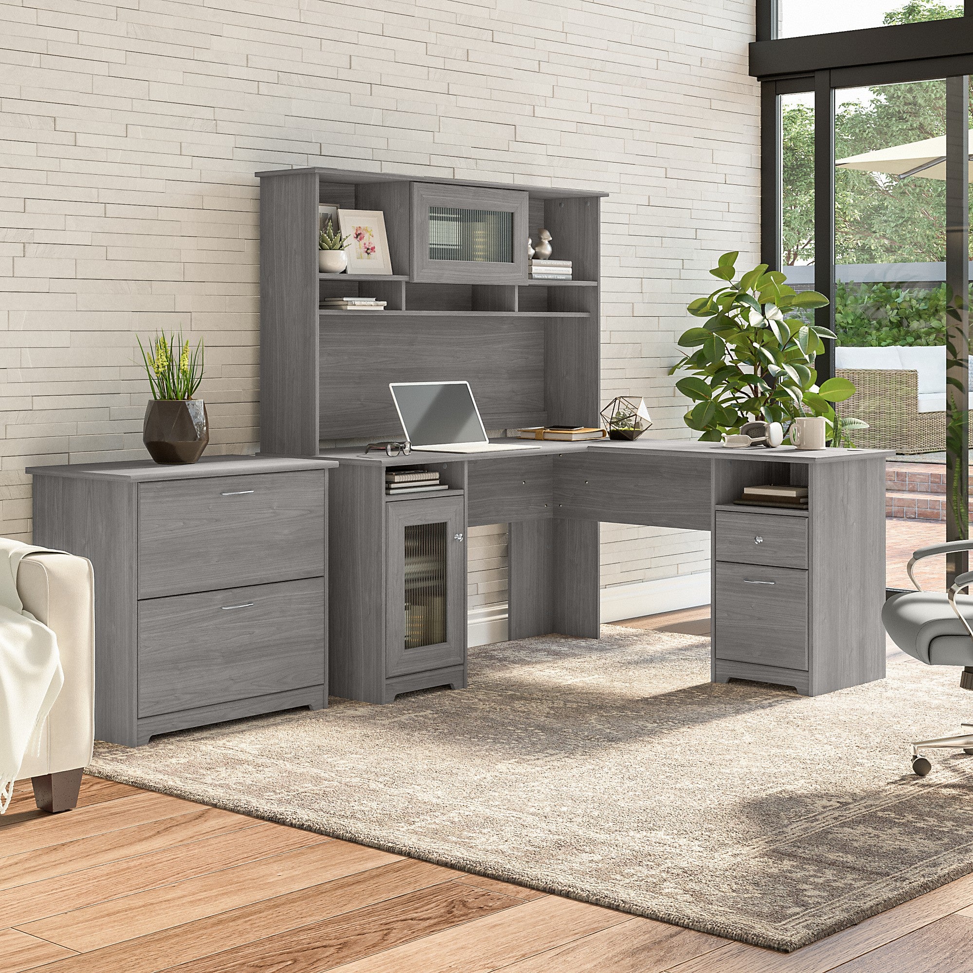 Bush Furniture Cabot 60W L Shaped Computer Desk with Hutch and Lateral File Cabinet