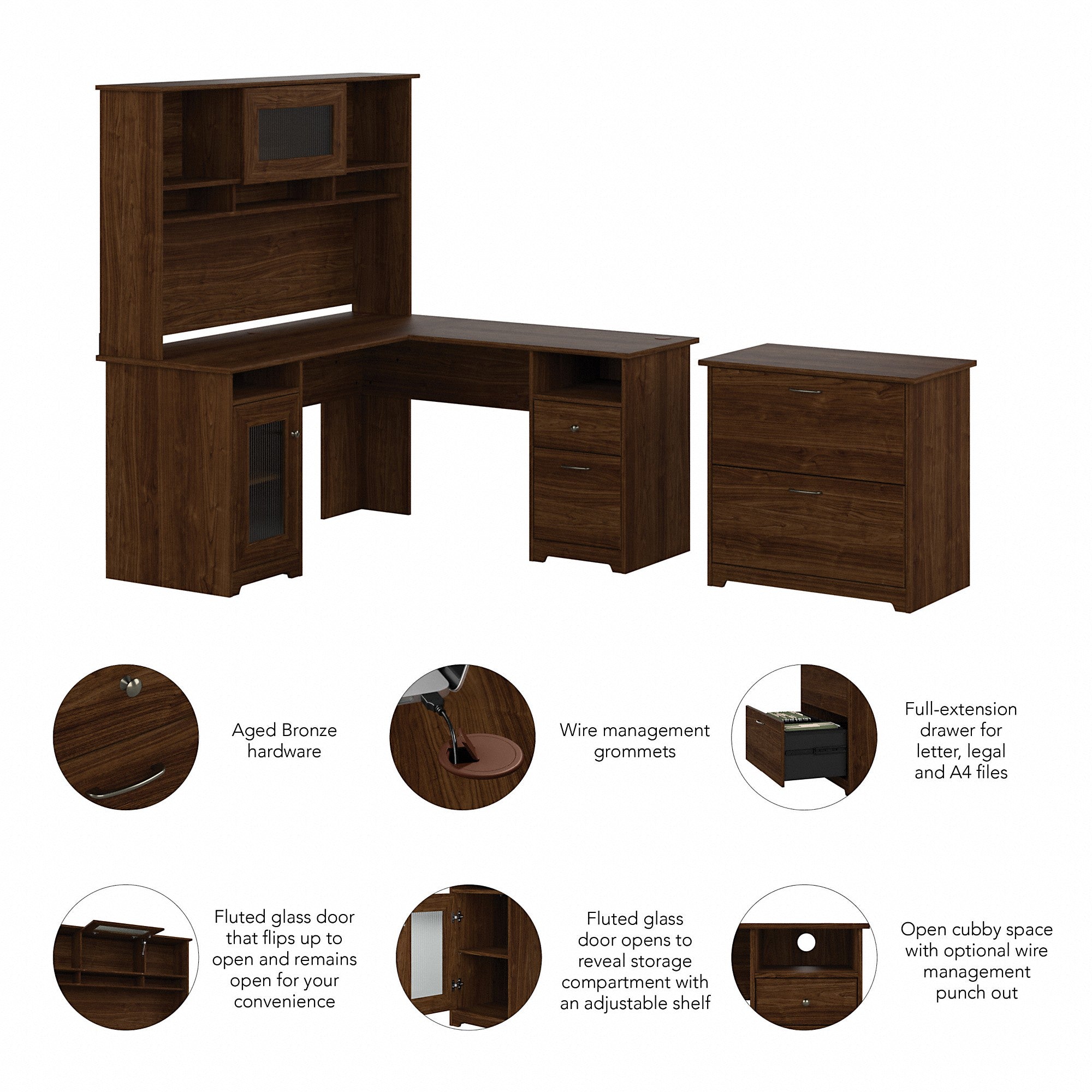 Bush Furniture Cabot 60W L Shaped Computer Desk with Hutch and Lateral File Cabinet