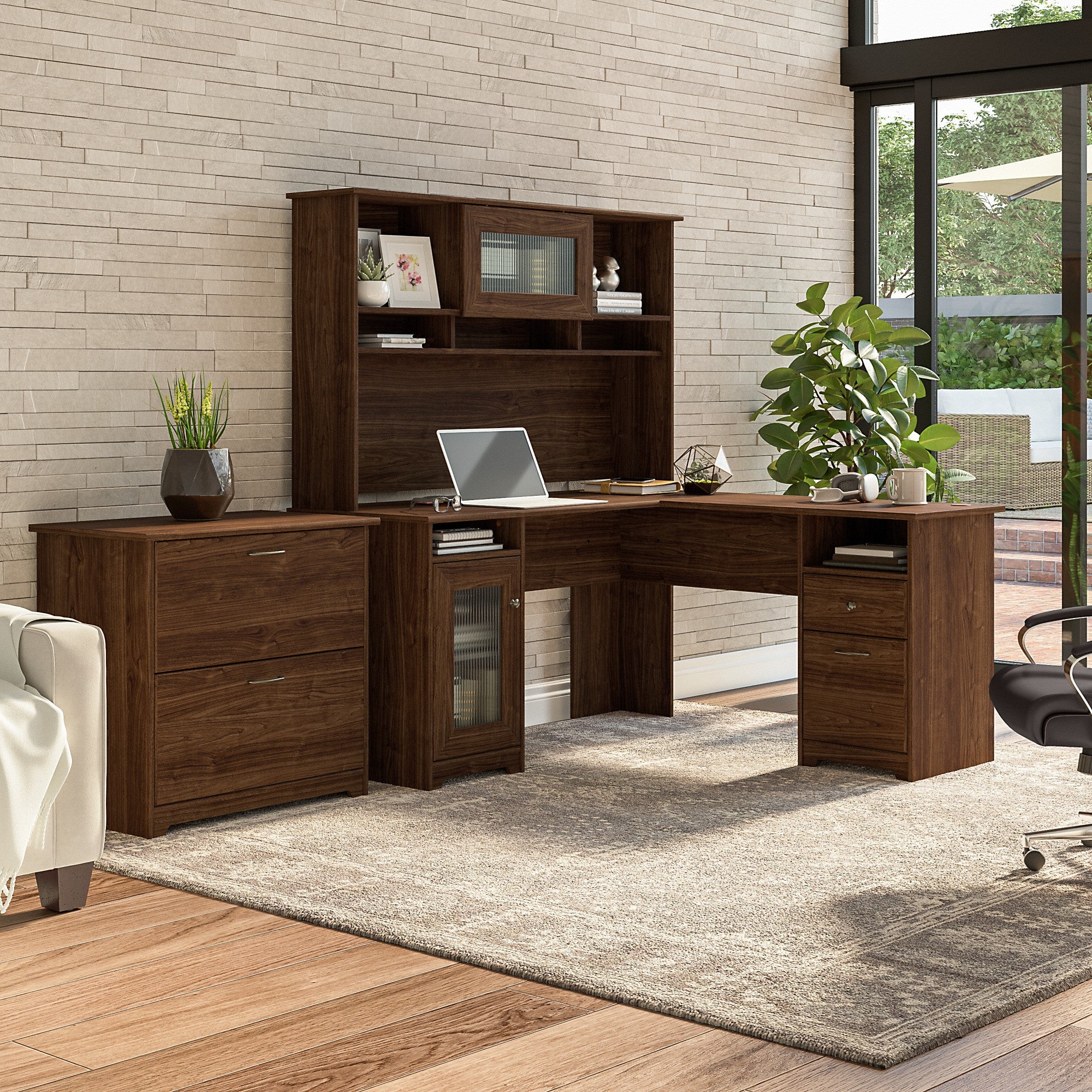 Bush Furniture Cabot 60W L Shaped Computer Desk with Hutch and Lateral File Cabinet