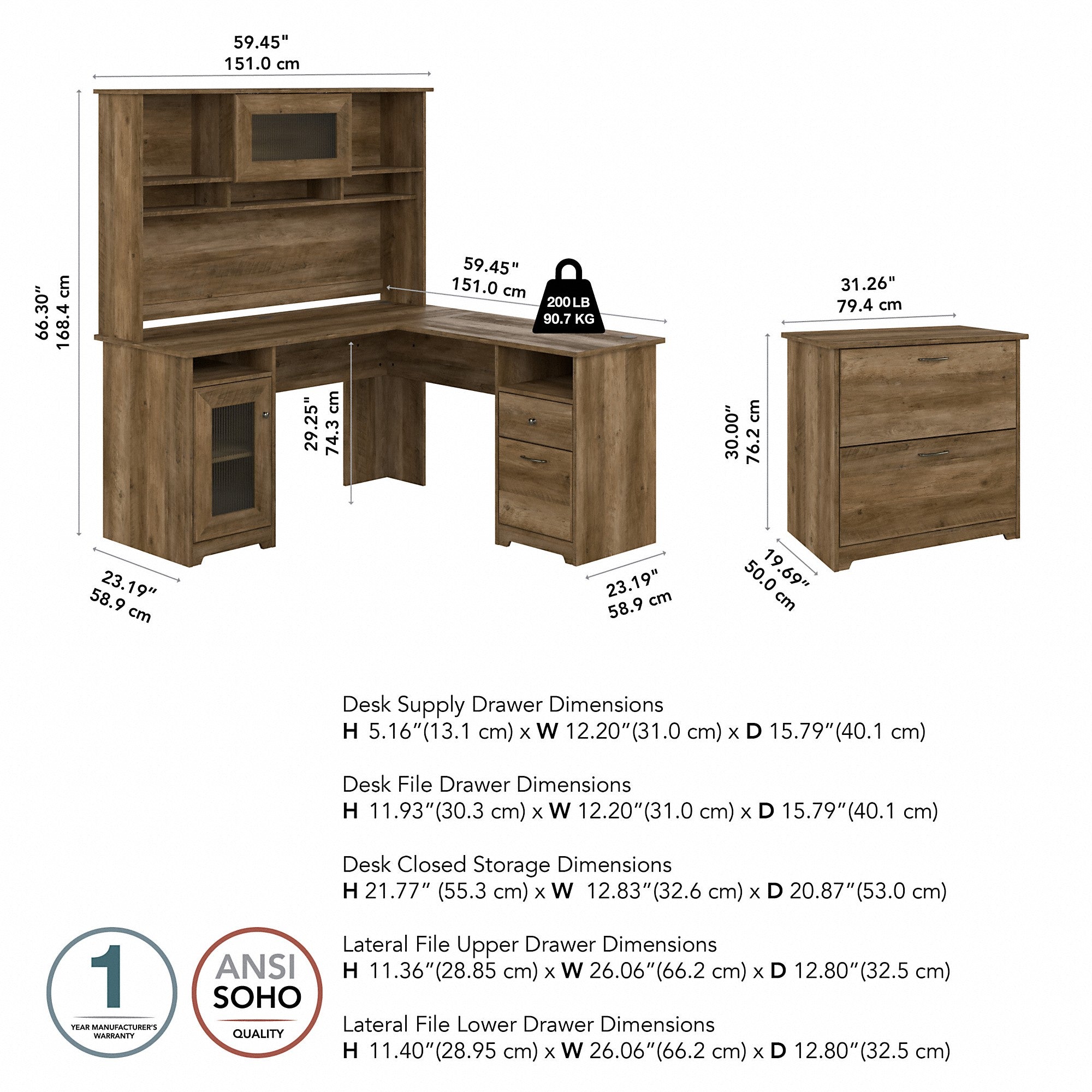 Bush Furniture Cabot 60W L Shaped Computer Desk with Hutch and Lateral File Cabinet