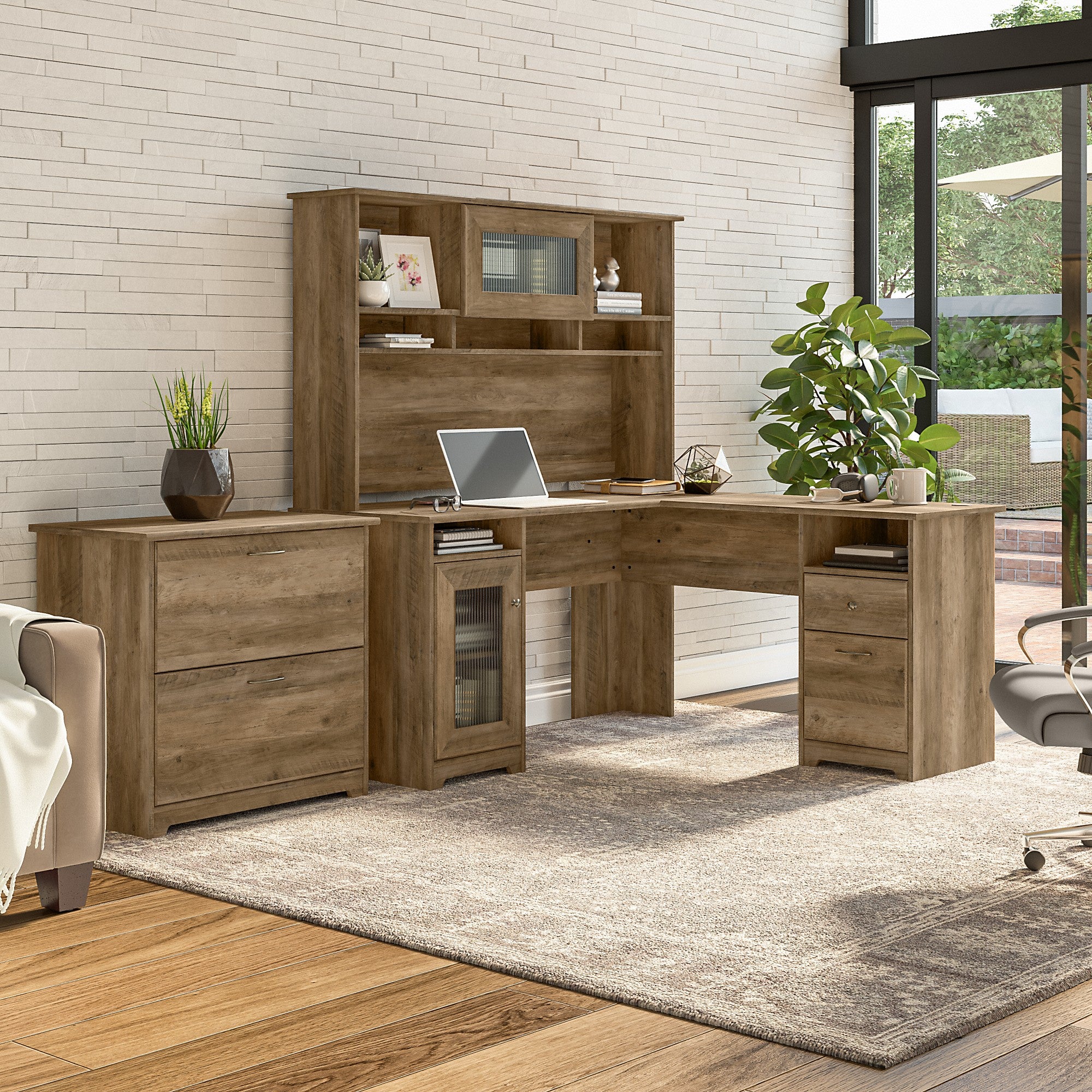 Bush Furniture Cabot 60W L Shaped Computer Desk with Hutch and Lateral File Cabinet