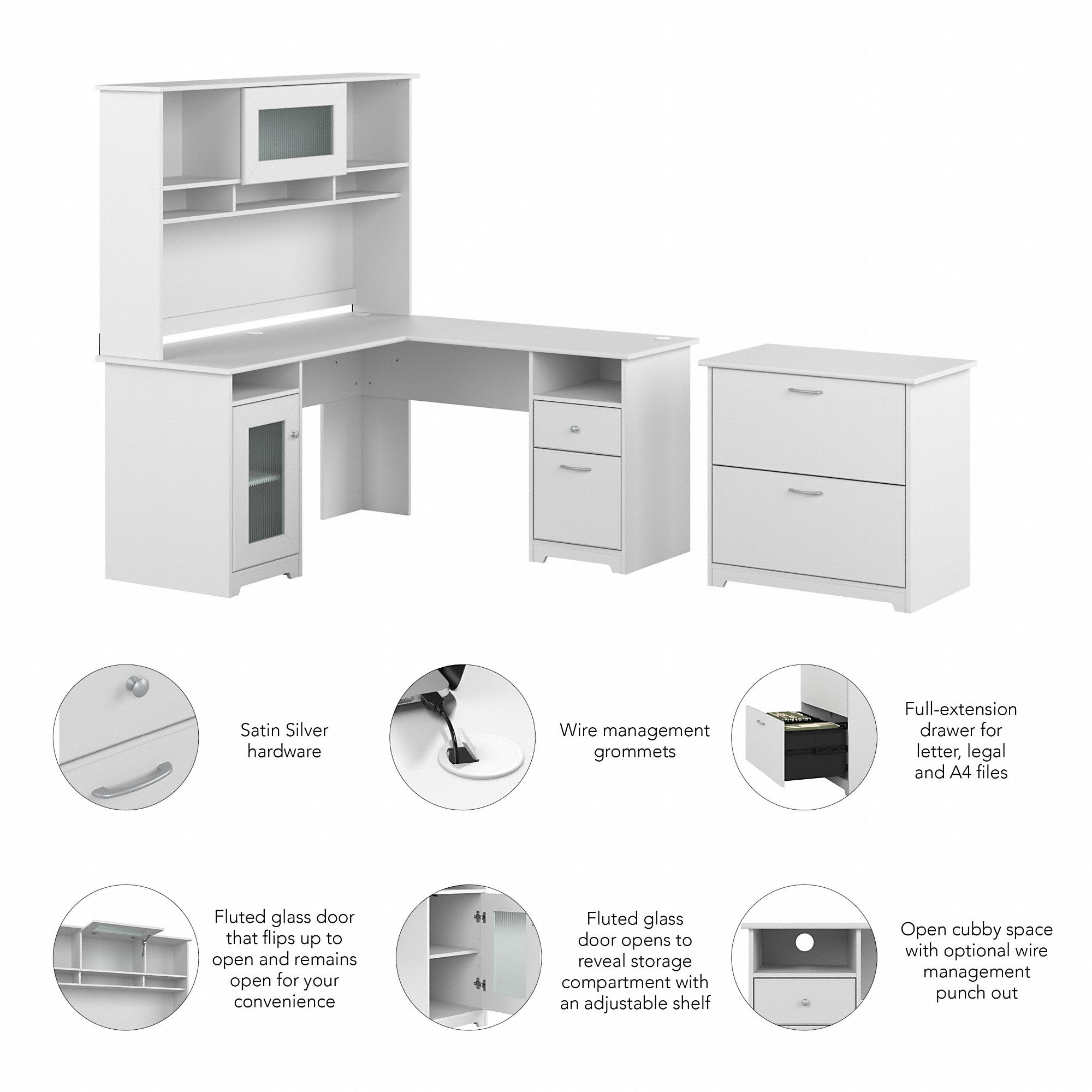 Bush Furniture Cabot 60W L Shaped Computer Desk with Hutch and Lateral File Cabinet