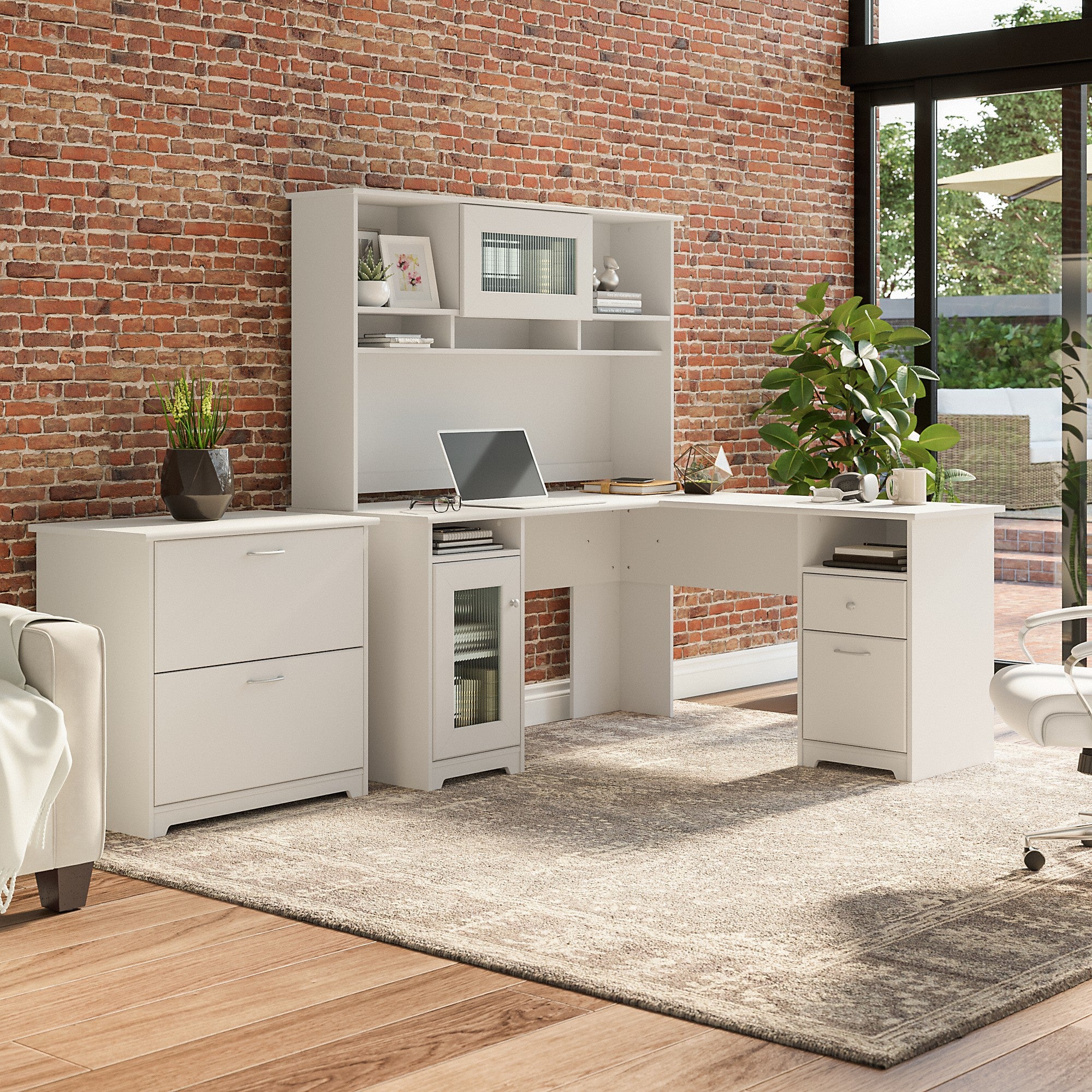 Bush Furniture Cabot 60W L Shaped Computer Desk with Hutch and Lateral File Cabinet