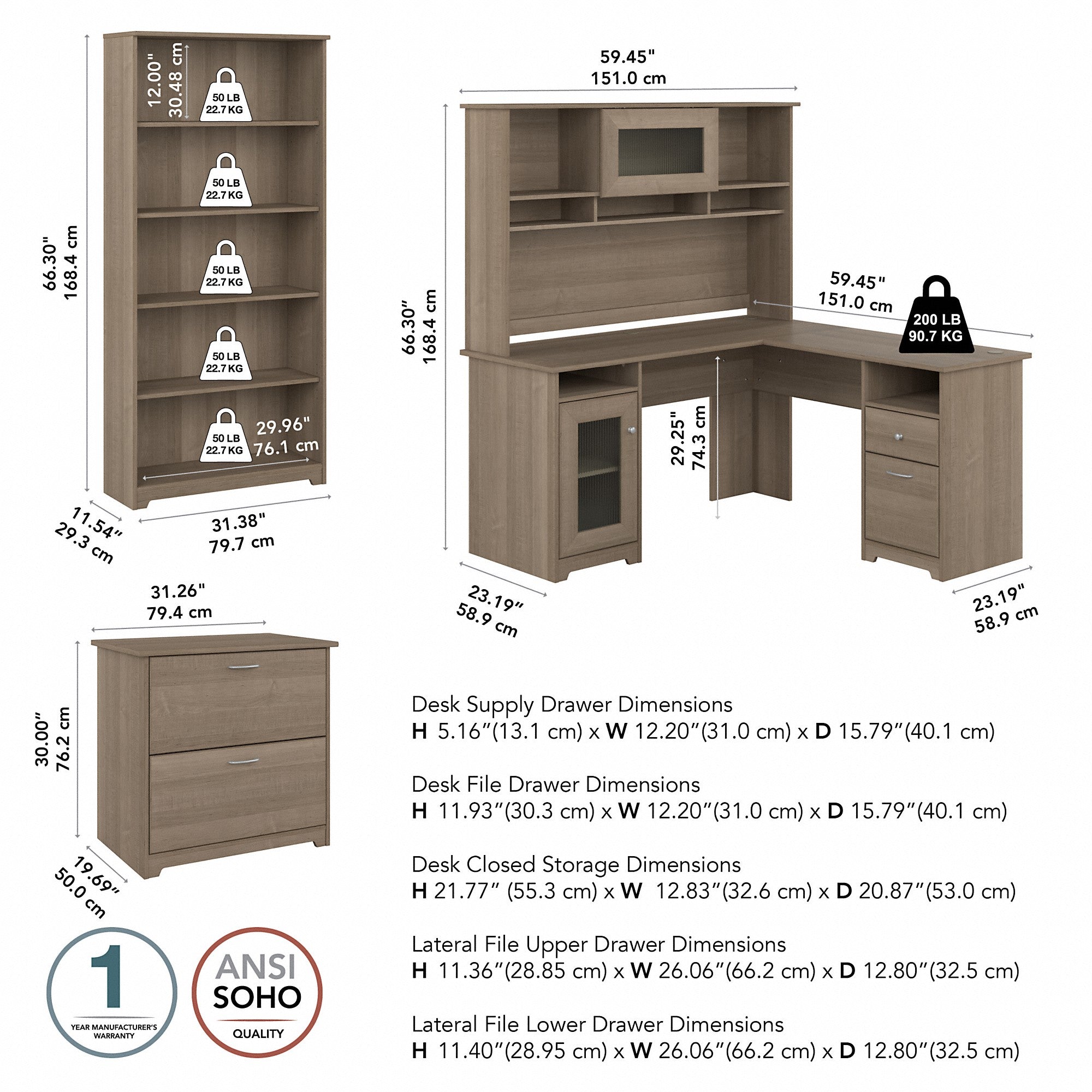 Bush Furniture Cabot 60W L Shaped Computer Desk with Hutch, File Cabinet and Bookcase