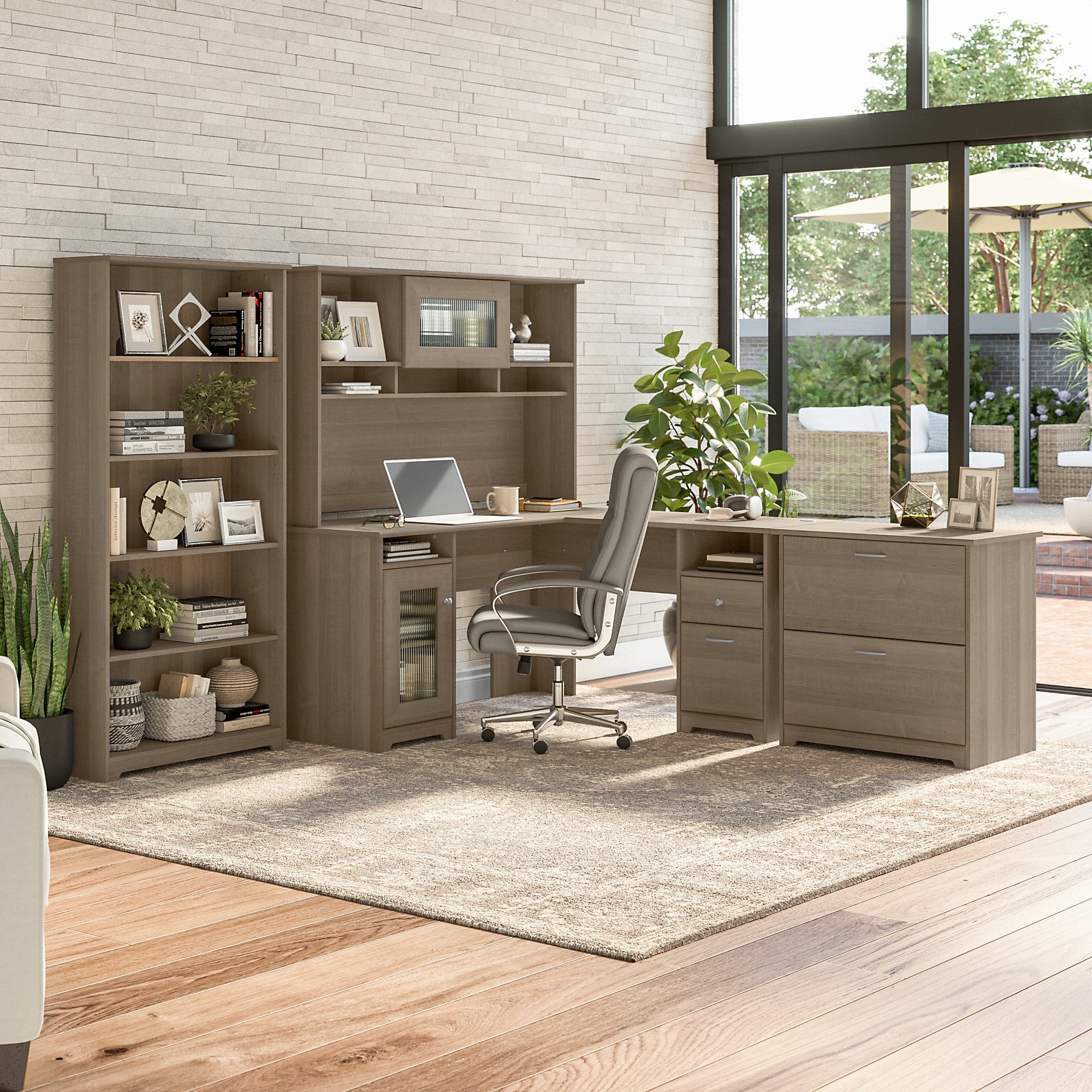 Bush Furniture Cabot 60W L Shaped Computer Desk with Hutch, File Cabinet and Bookcase