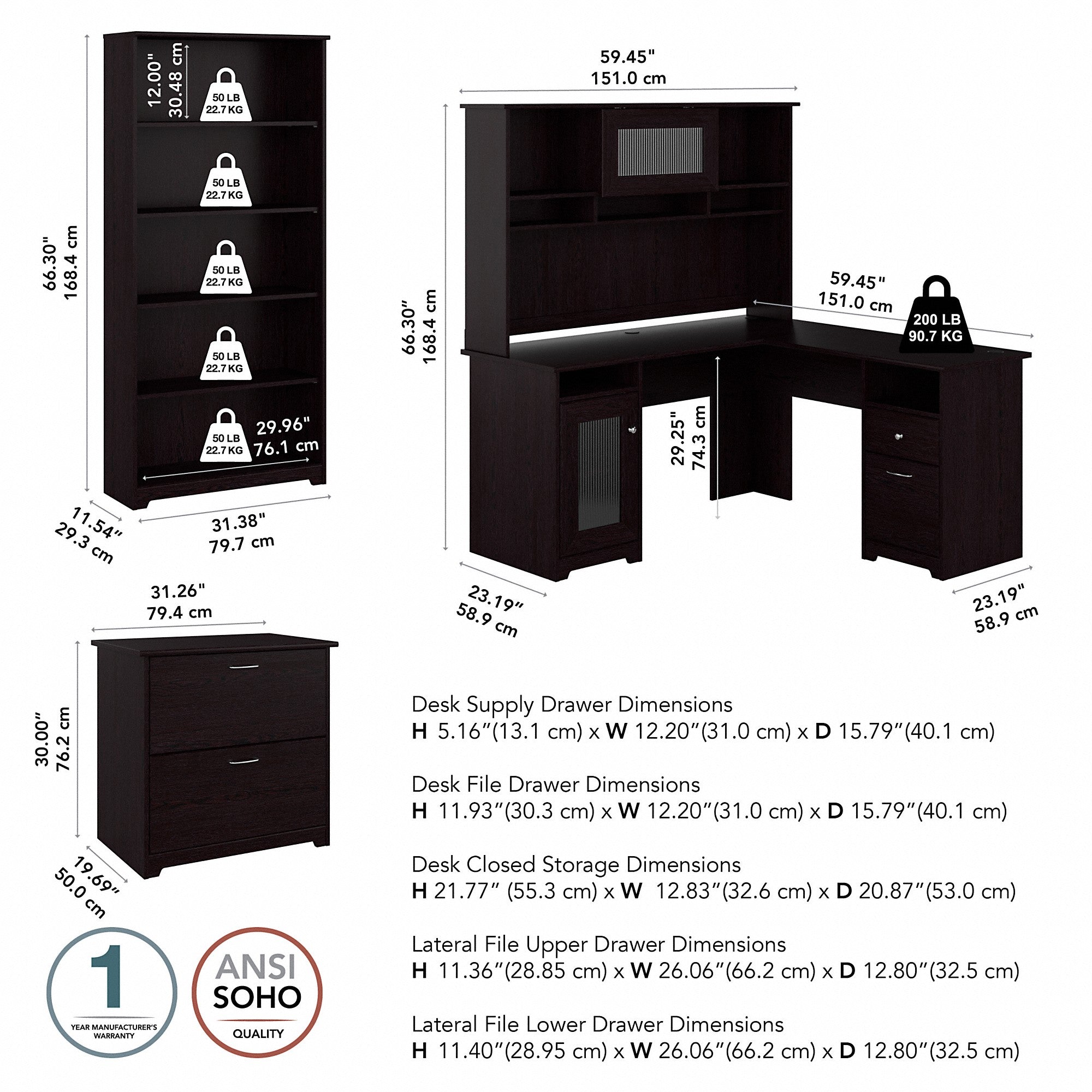 Bush Furniture Cabot L Shaped Desk with Hutch, Lateral File Cabinet and 5 Shelf Bookcase