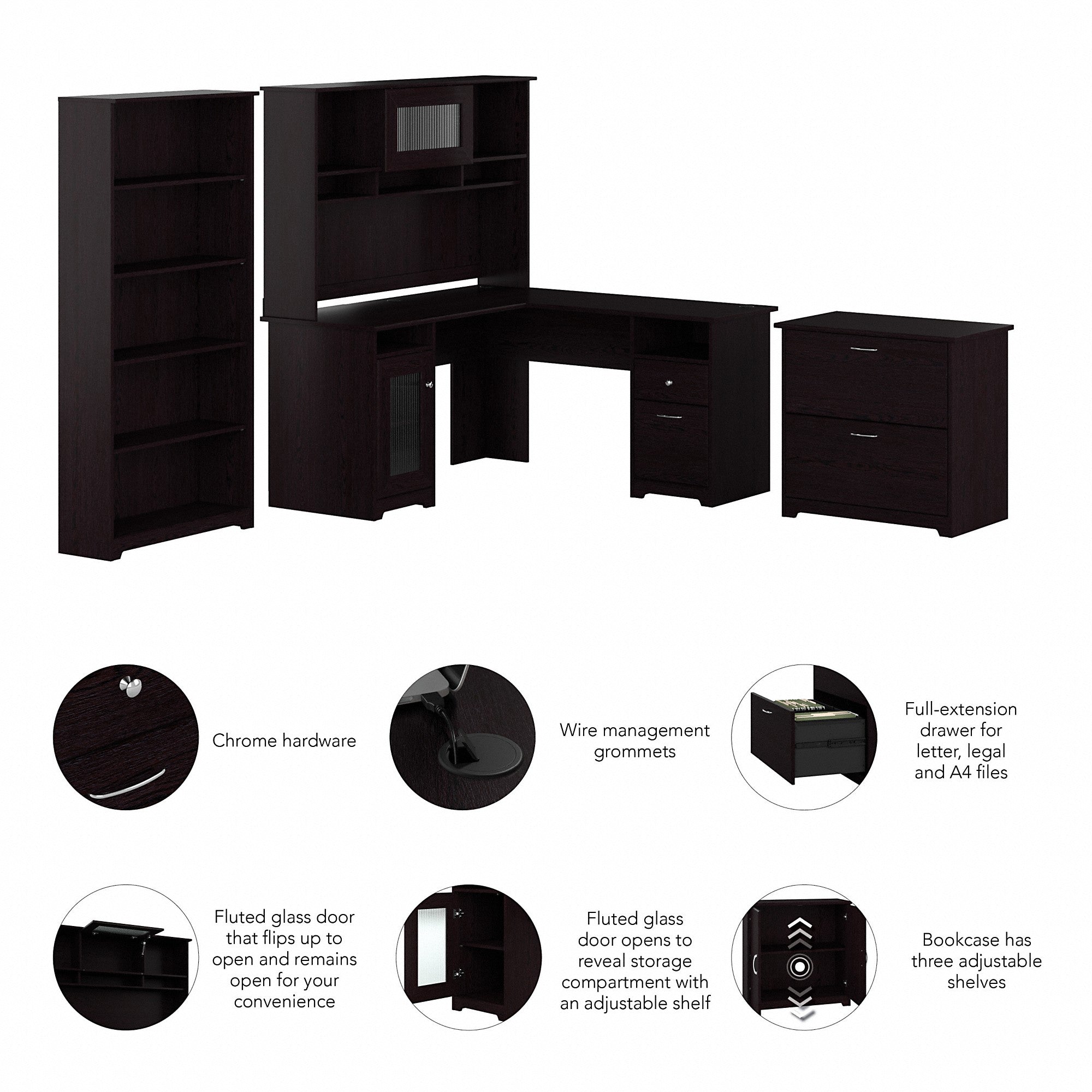 Bush Furniture Cabot L Shaped Desk with Hutch, Lateral File Cabinet and 5 Shelf Bookcase