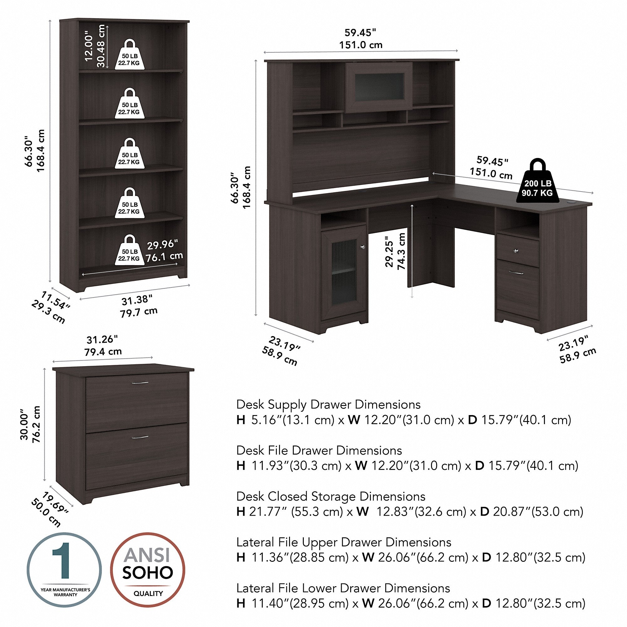 Bush Furniture Cabot 60W L Shaped Computer Desk with Hutch, File Cabinet and Bookcase