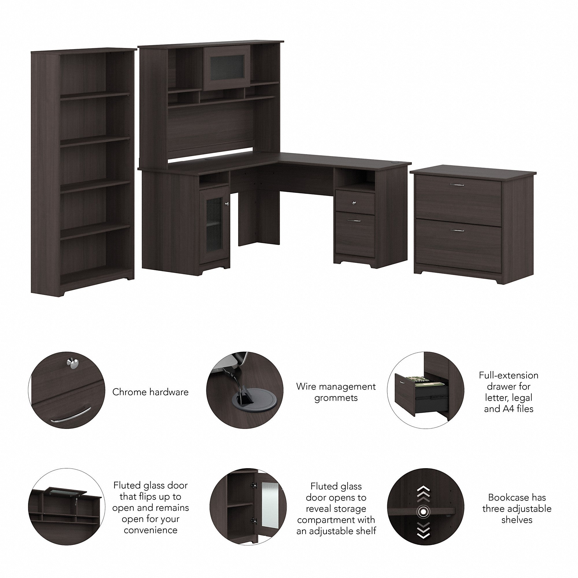 Bush Furniture Cabot 60W L Shaped Computer Desk with Hutch, File Cabinet and Bookcase