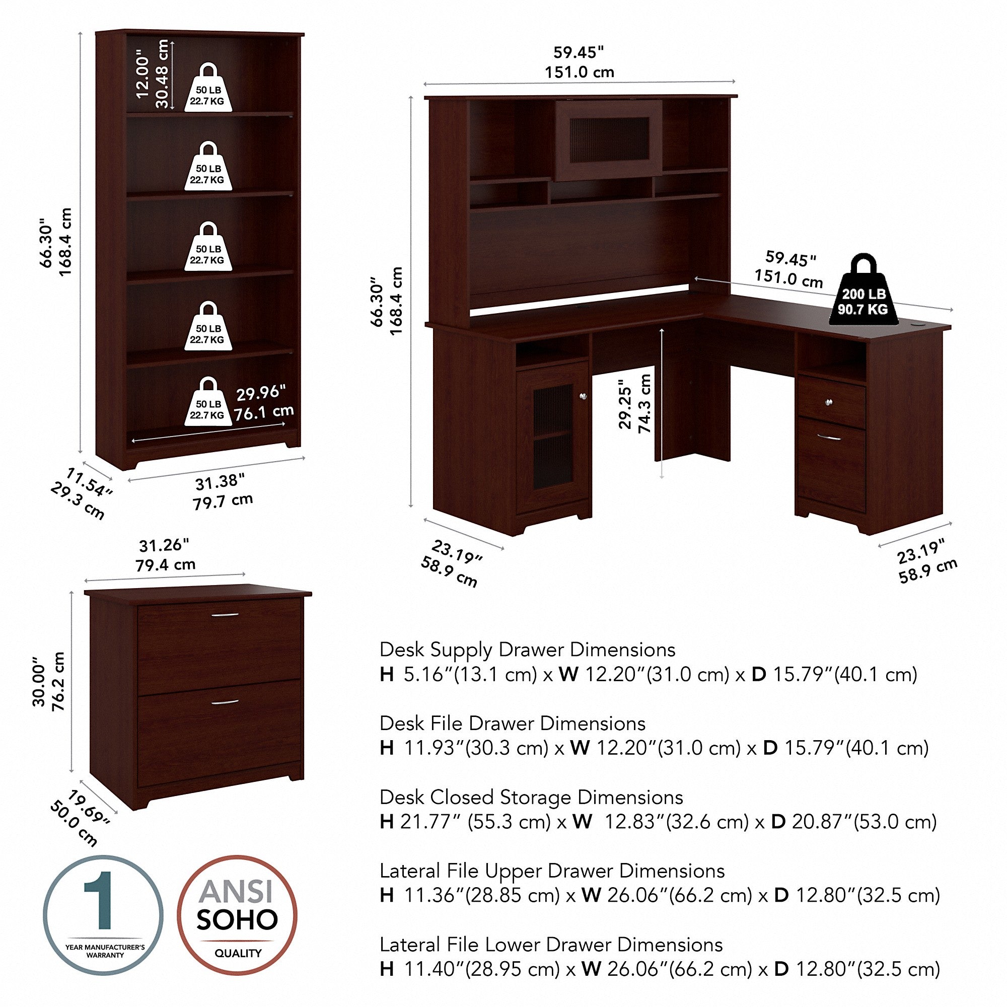 Bush Furniture Cabot 60W L Shaped Computer Desk with Hutch, File Cabinet and Bookcase