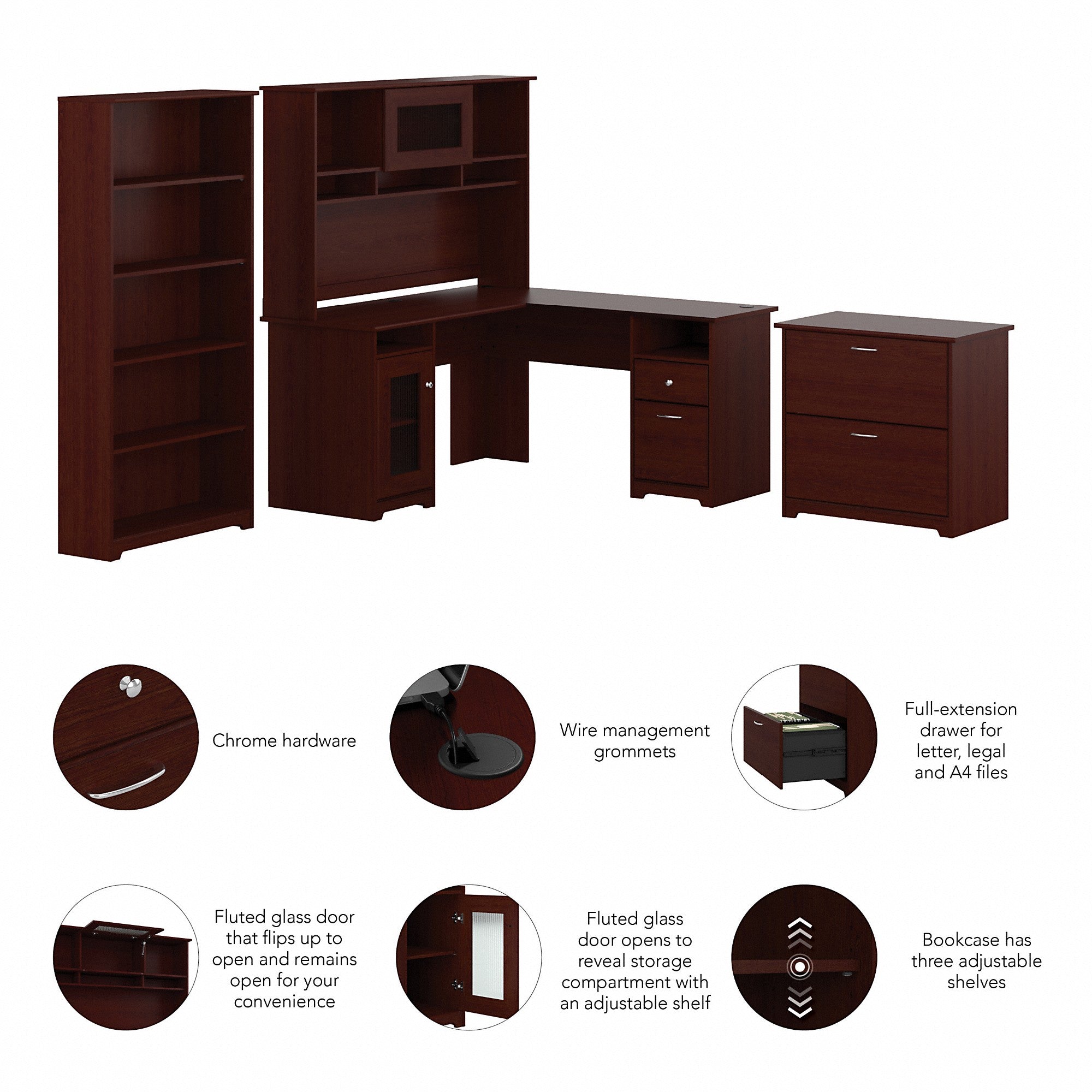 Bush Furniture Cabot 60W L Shaped Computer Desk with Hutch, File Cabinet and Bookcase